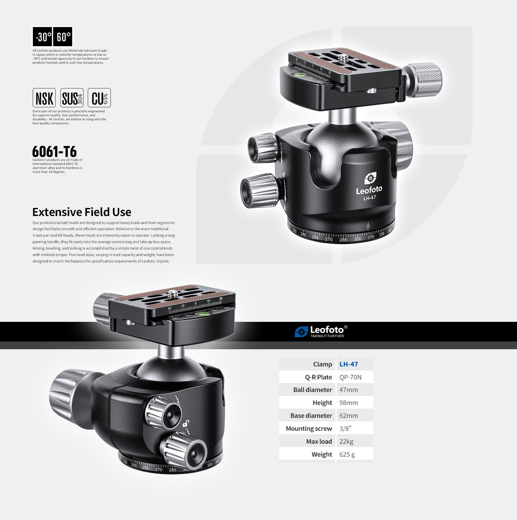 Leofoto LH-47 Low Profile Ball Head + QR Plate | Arca Compatible