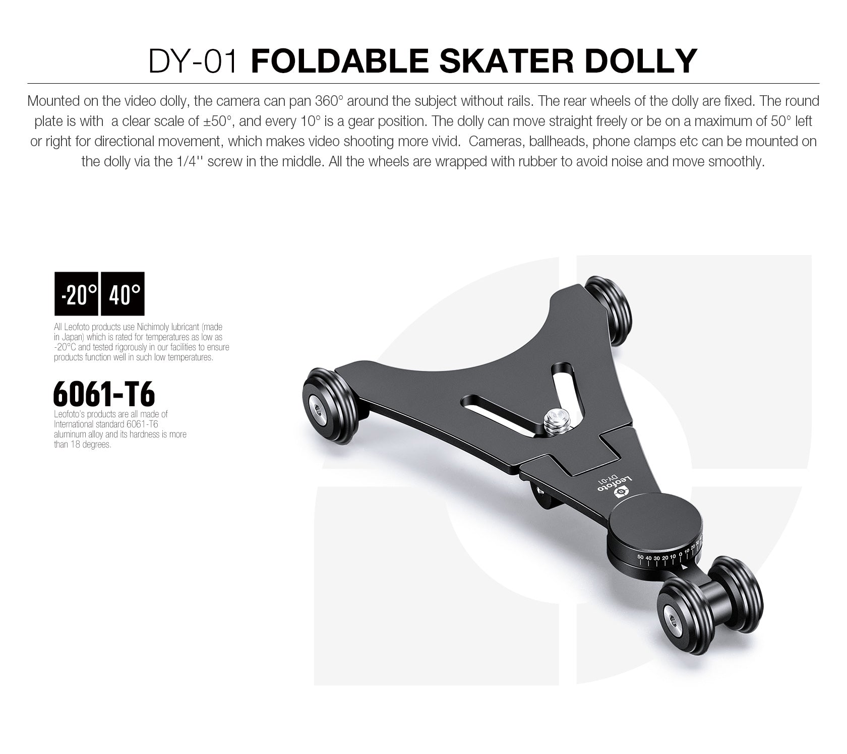 Leofoto DY-01 Mini Foldable Skater Video Dolly with 360° Panning and 1/4" Screw Mount