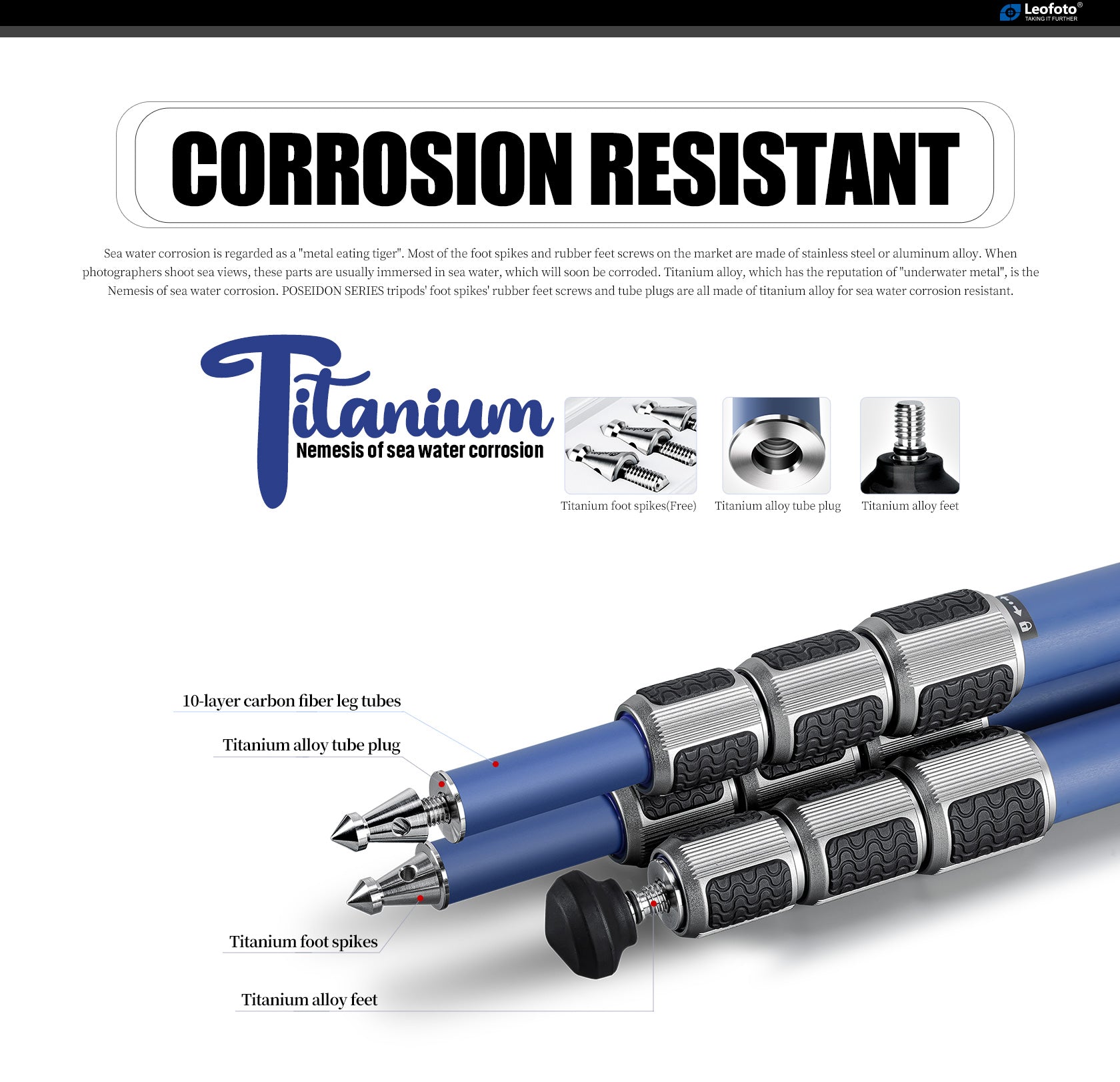 Leofoto LP-284C Poseidon Ocean Tripod + LH-30 Ballhead Set (Full Blue) | Anti-Corrosion with Titanium Foot Spike