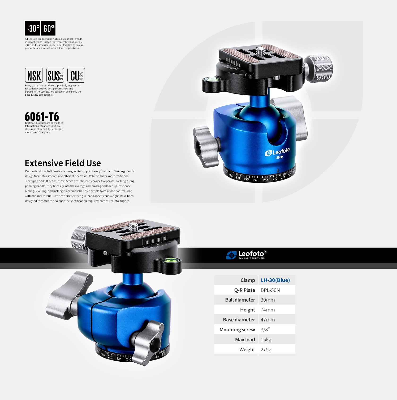 Leofoto LP-284C Poseidon Ocean Tripod + LH-30 Ballhead Set (Full Blue) | Anti-Corrosion with Titanium Foot Spike