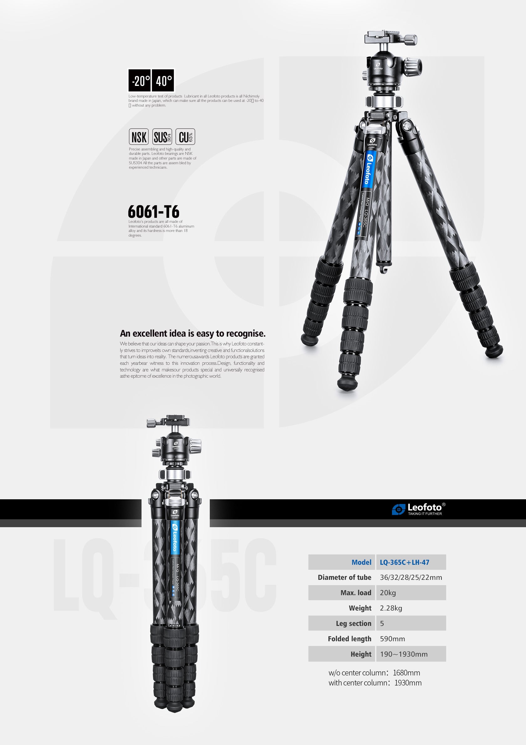 Leofoto LQ-365C Premium Carbon Fiber Tripod LH-47 Ballhead with Quick Swap Center Column+Apex Platform and Tripod Bag