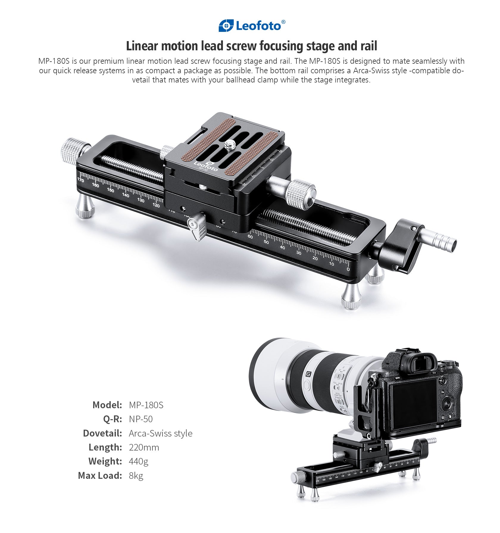 Leofoto MP-180S Macro Focusing Rail with Rotating Arca-Type QR System (7.1")