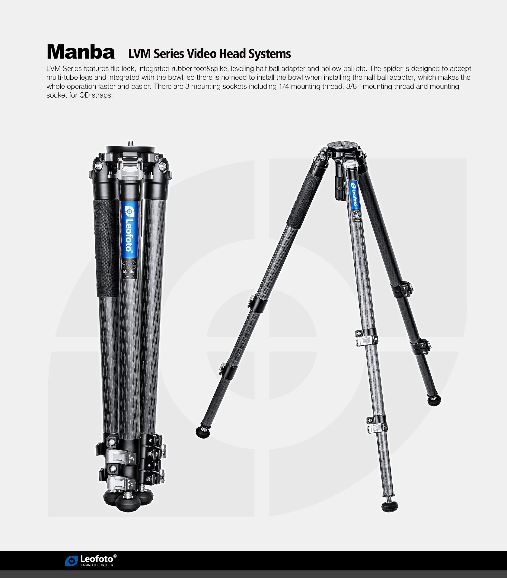 Leofoto LVM-323C 3-Section Carbon Fiber Video Tripod | 75mm Integrated Bowl with Leveling Base and Handle