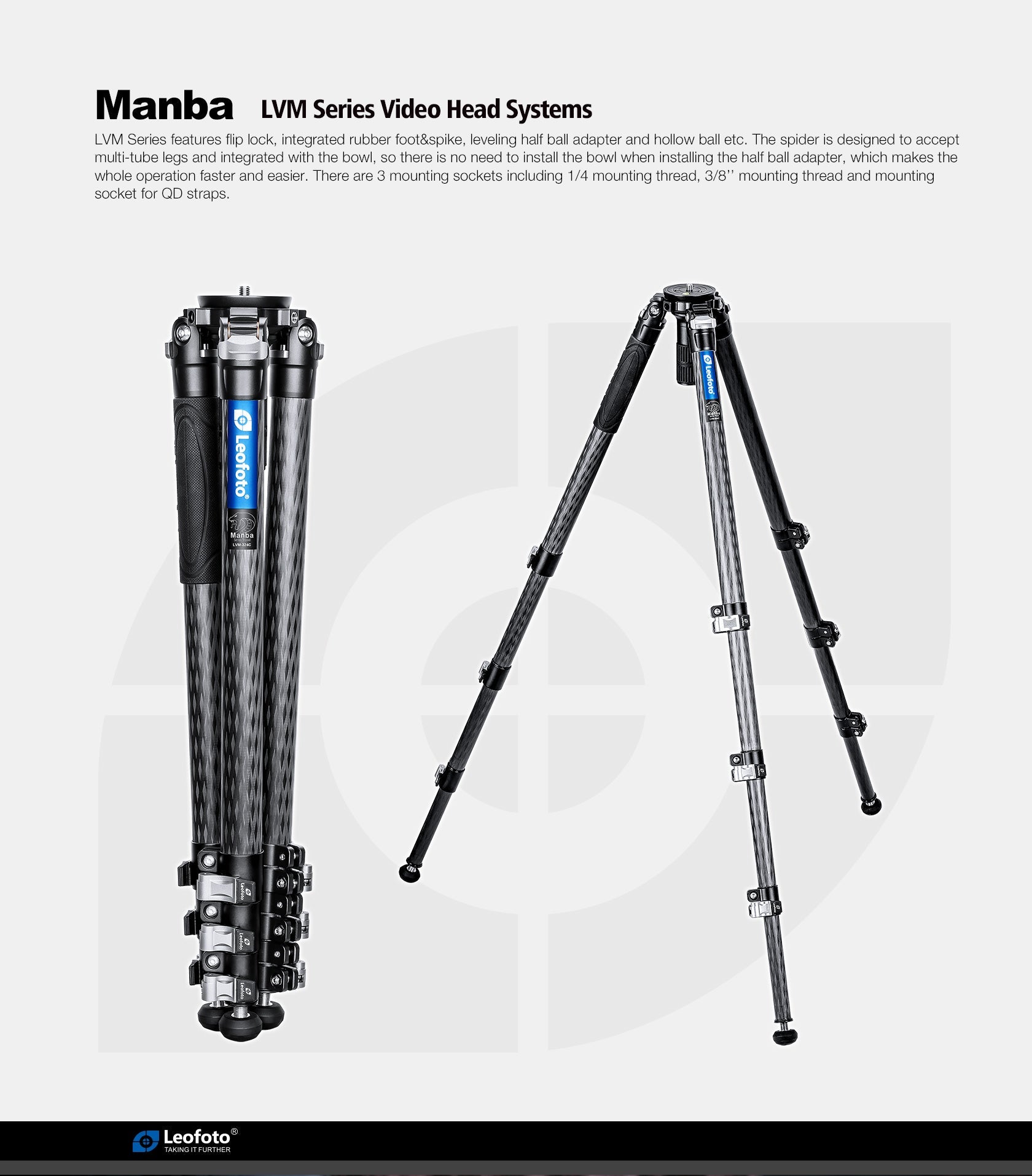 Leofoto LVM-324C 4-Section Carbon Fiber Video Tripod | 75mm Integrated Bowl with Leveling Base and Handle