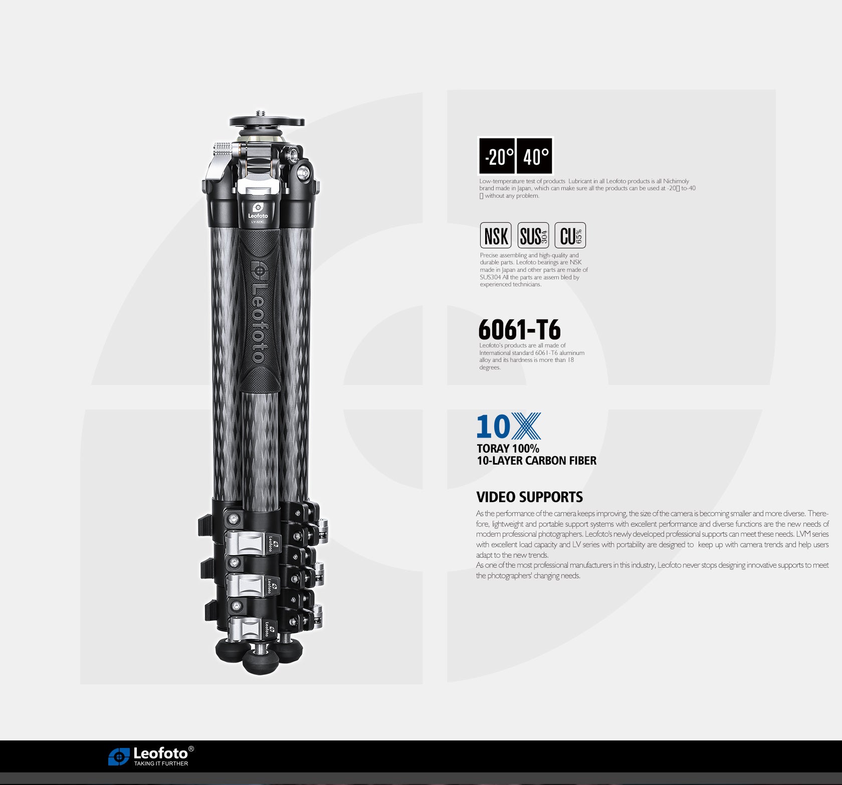 Leofoto LV-324C+BV-10 4-Section Carbon Fiber Tripod with Fluid Head Set / Built-In Hollow Ball and Flip Leg Locks