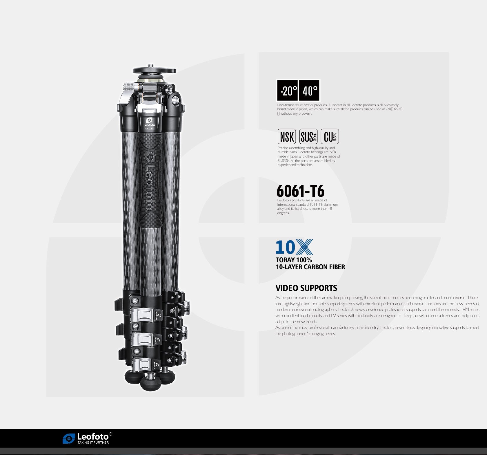 Leofoto LV-324C 4-Section Carbon Fiber Video Tripod / Built-In Hollow Ball and Flip Leg Locks