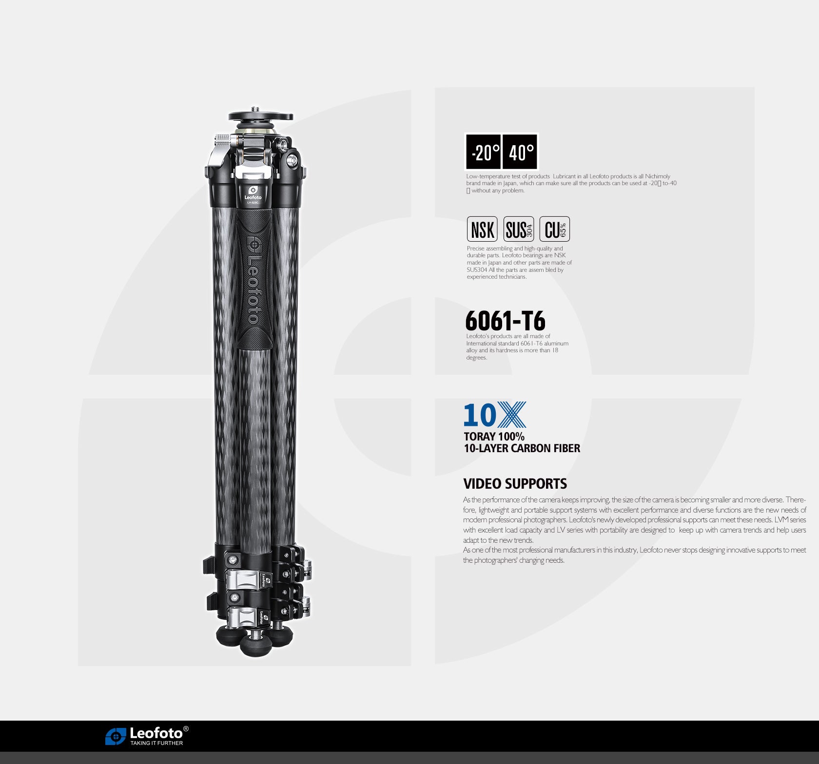 Leofoto LV-323C+BV-10 3-Section Carbon Fiber Tripod with Fluid Head Set / Built-In Hollow Ball and Flip Leg Locks