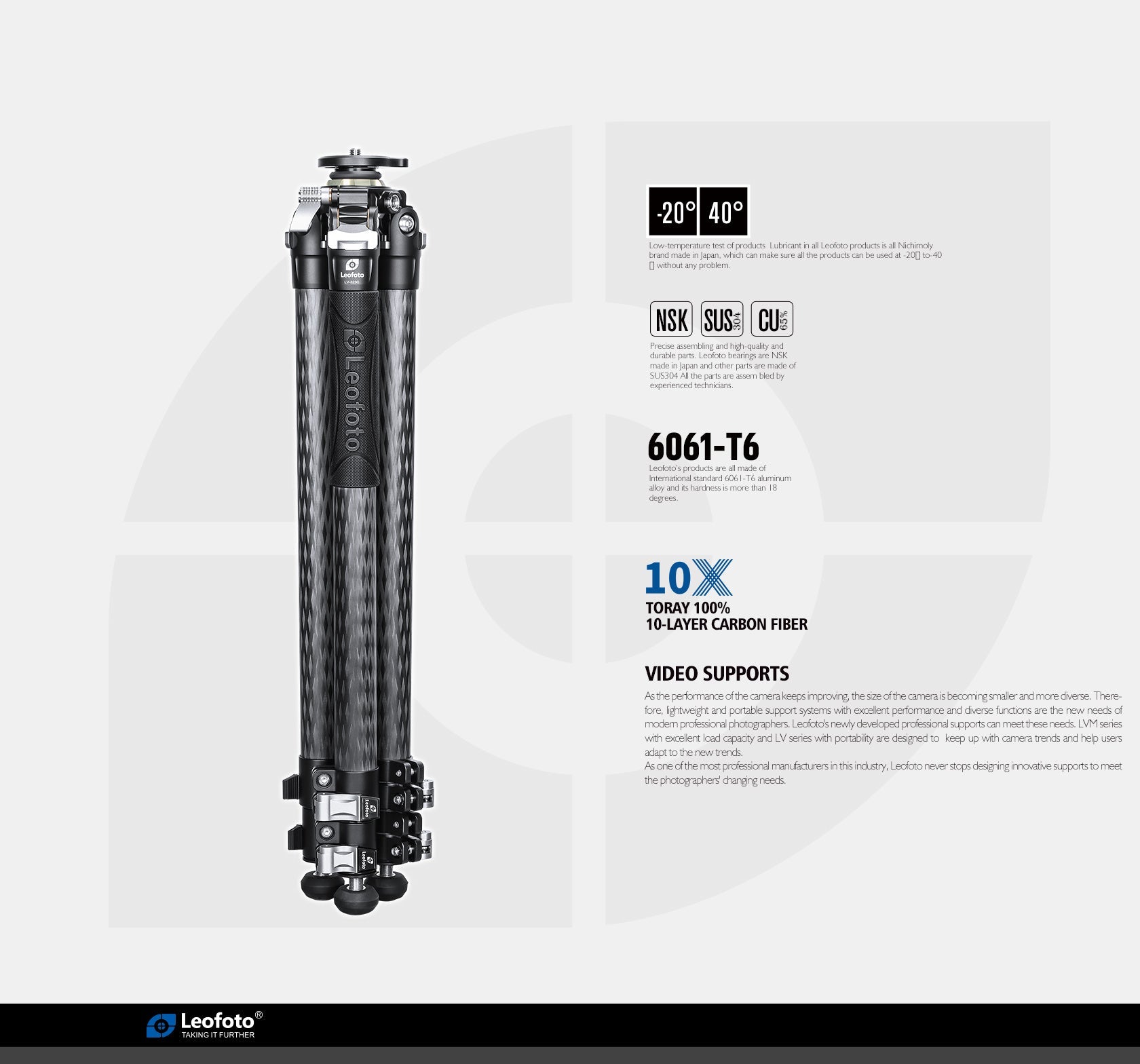 Leofoto LV-323C 3-Section Carbon Fiber Video Tripod / Built-In Hollow Ball and Flip Leg Locks