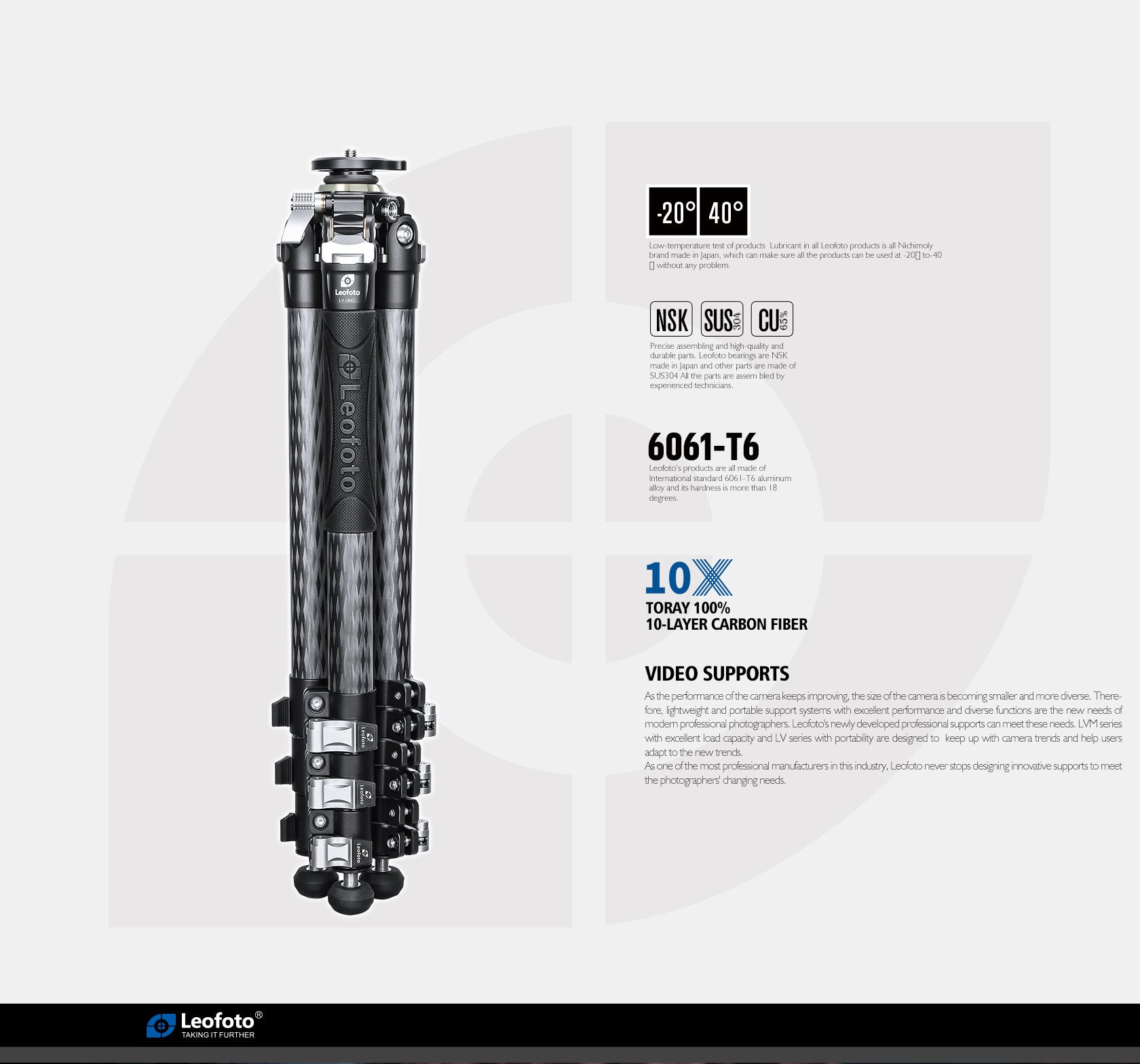 Leofoto LV-284C+BV-5 4-Section Carbon Fiber Tripod with Fluid Head Set / Built-In Hollow Ball and Flip Leg Locks