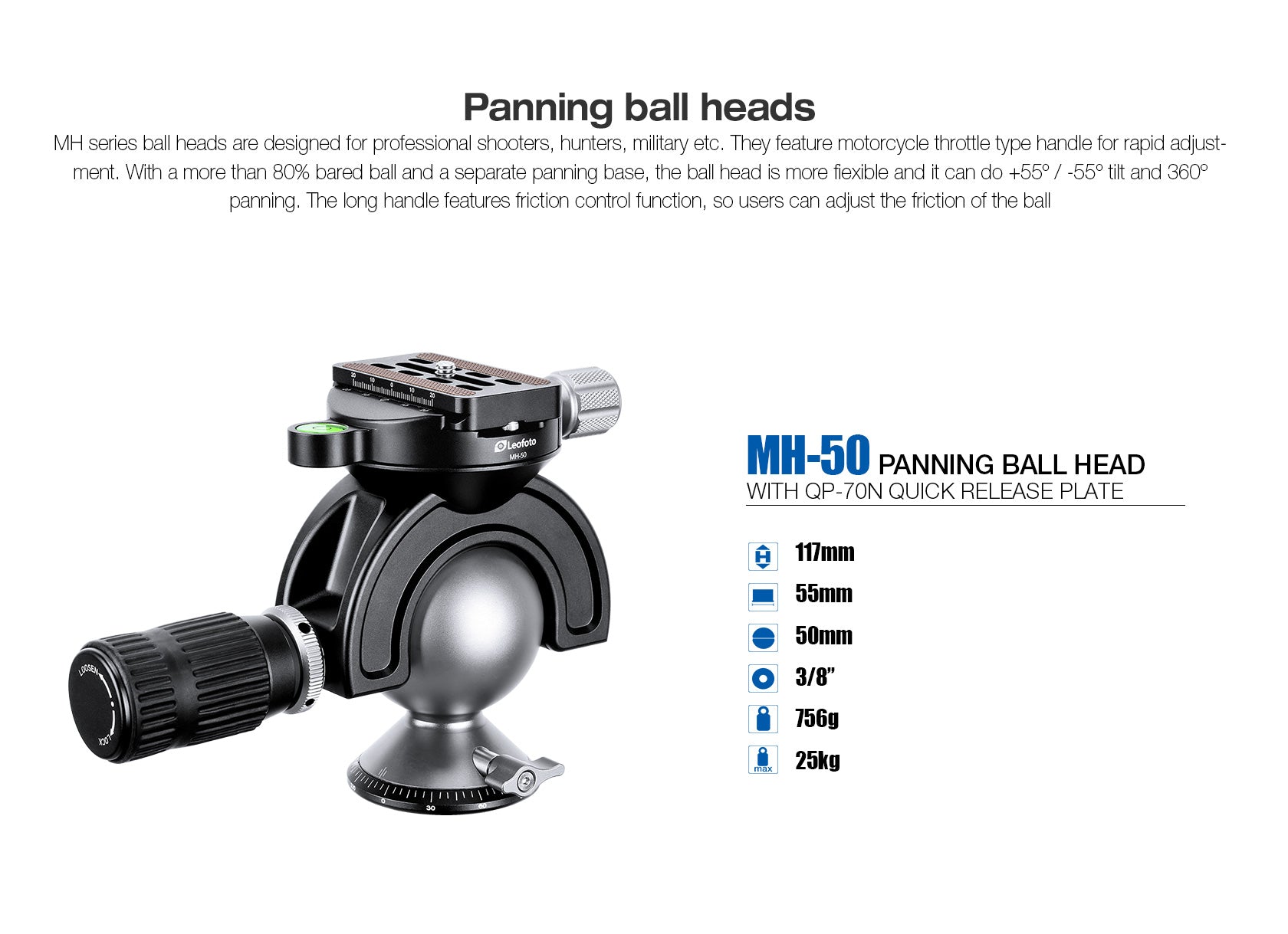 Leofoto MH-50 Full Dynamic Ball Head /w Handlebar Control | Arca Compatible | Ideal for Target Shooting