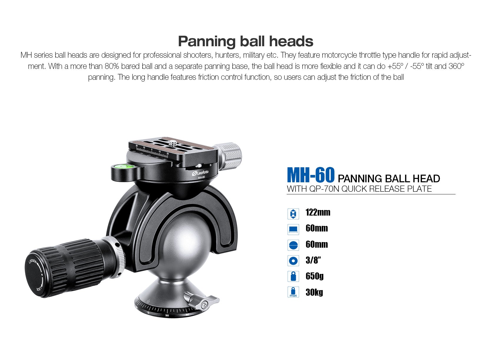 Leofoto MH-60 Full Dynamic Ball Head /w Handlebar Control | Arca Compatible | Ideal for Target Shooting