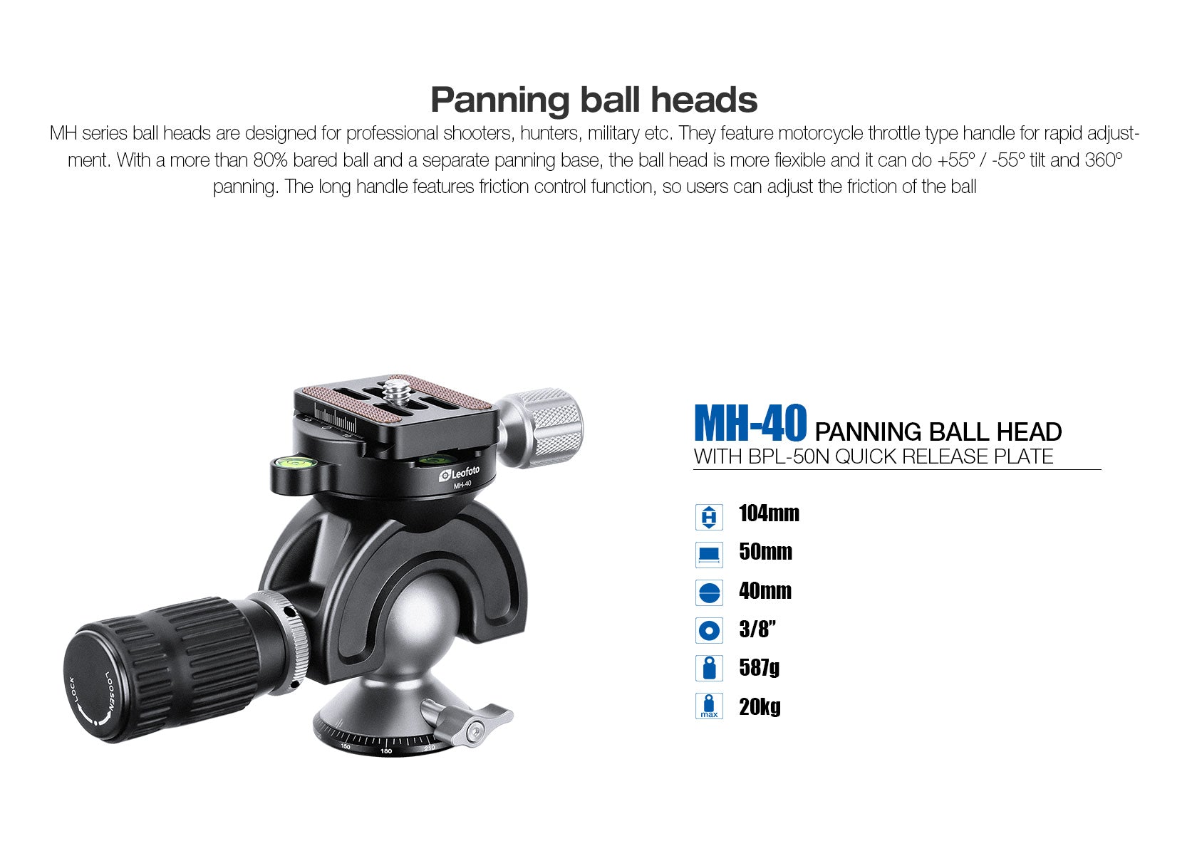 Leofoto MH-40 Full Dynamic Ball Head /w Handlebar Control | Arca Compatible | Ideal for Target Shooting