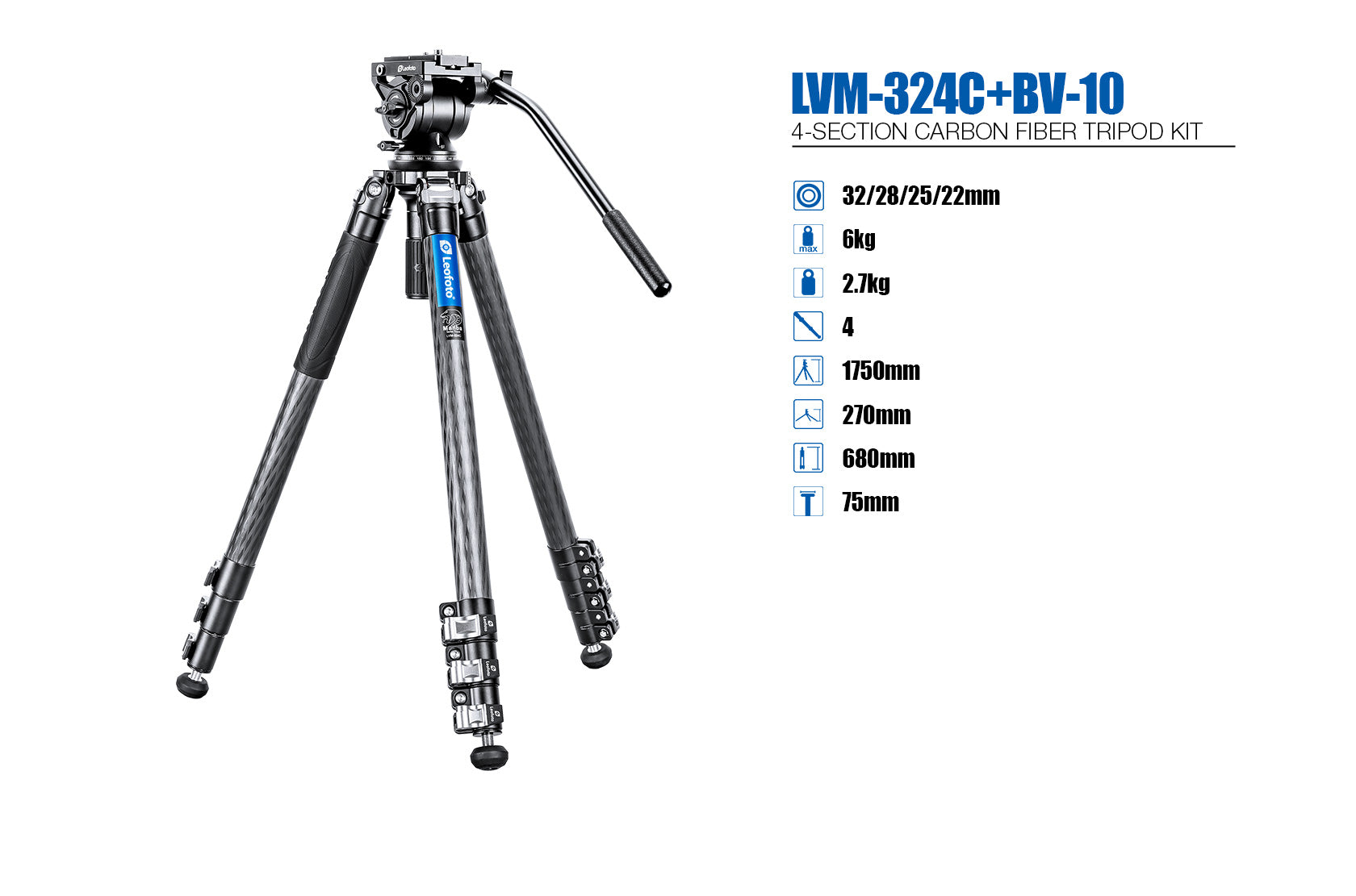 Leofoto LVM-324C+BV-10 4-Section Carbon Fiber Video Tripod with Fluid Head Set | 75mm Integrated Bowl with Leveling Base and Handle