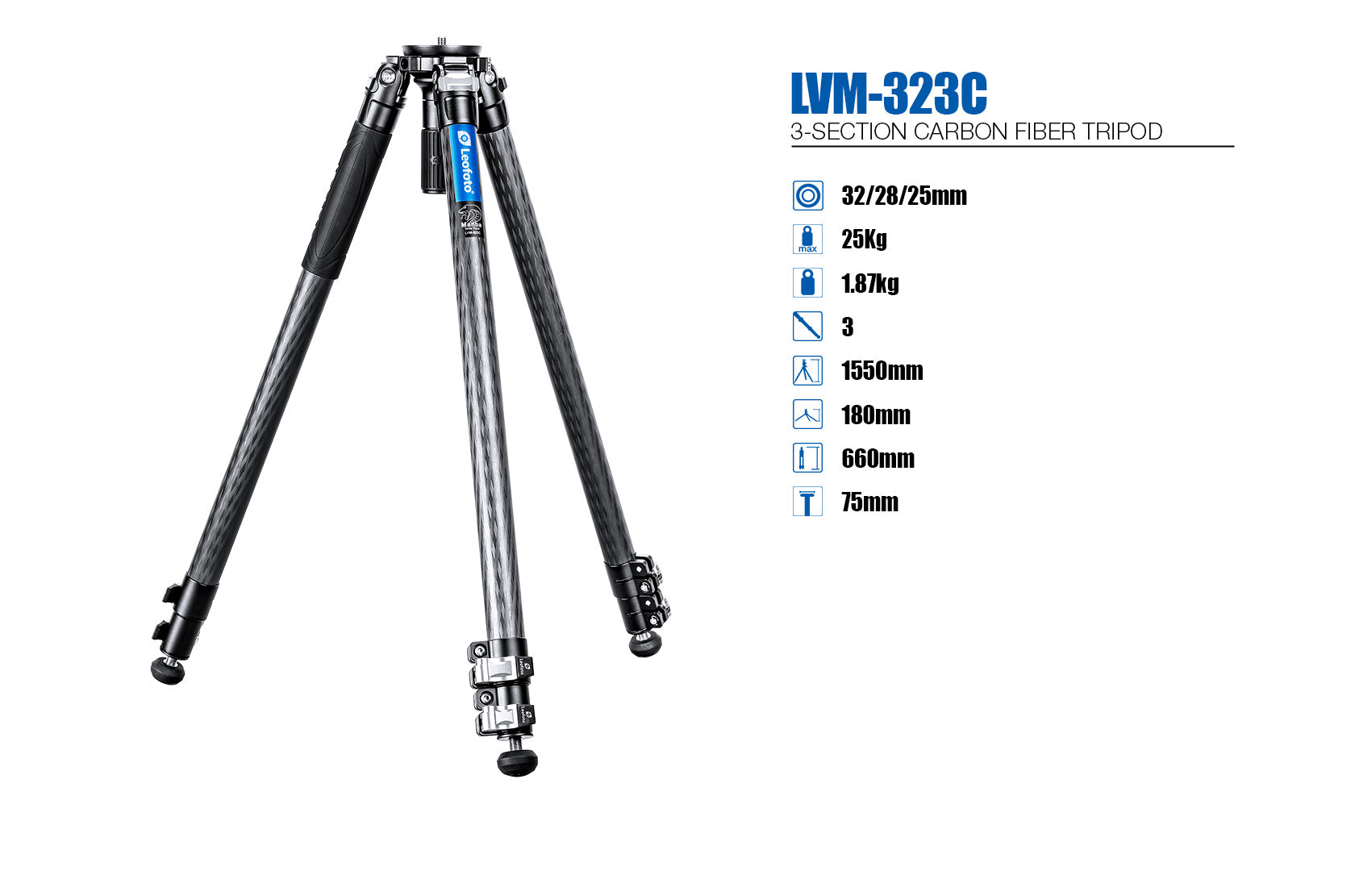 Leofoto LVM-323C 3-Section Carbon Fiber Video Tripod | 75mm Integrated Bowl with Leveling Base and Handle