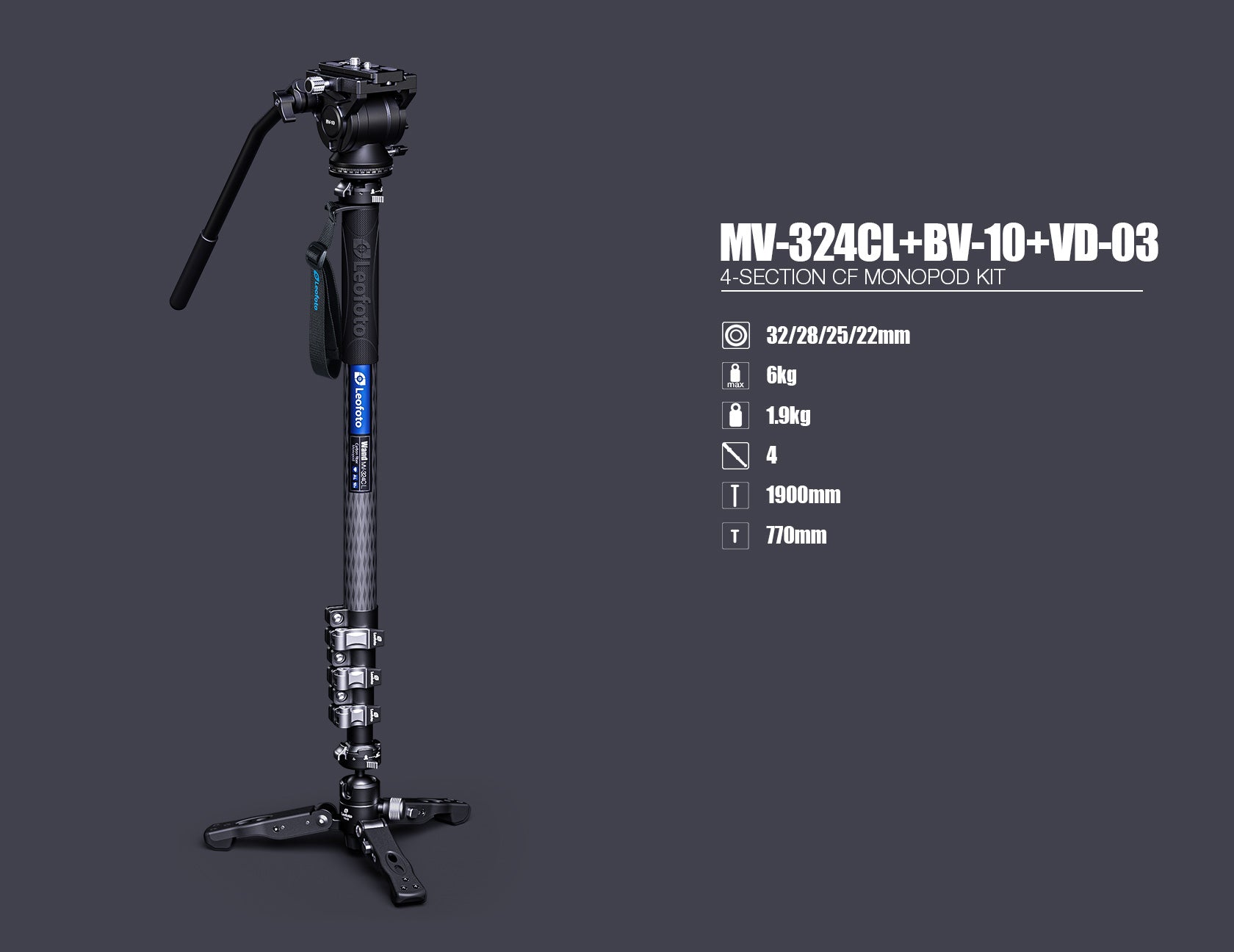Leofoto MV-324CL(Long) + VD-03 + BV-10 Video Monopod System with Base Support Kit and Fluid Video Head