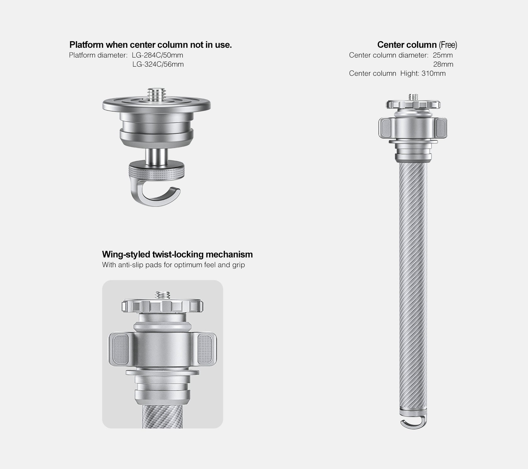 Leofoto LG-324C+LH-40(Silver) Premium Carbon Fiber Tripod Set with Quick Swap Center Column and Platform