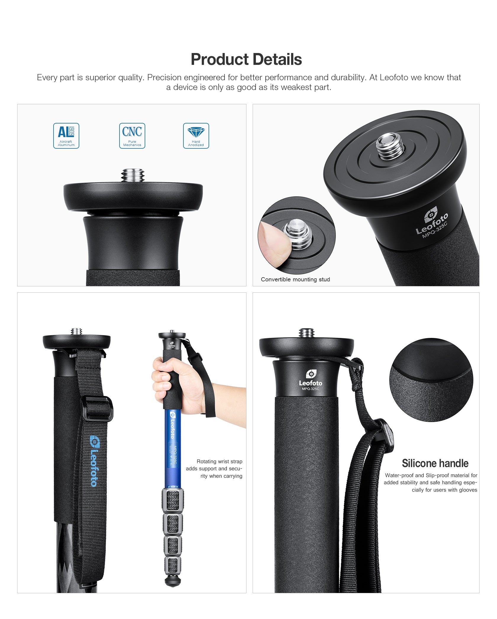 Leofoto MPQ-325C Premium Carbon Fiber Monopod with Case | Water-Resistant Legs