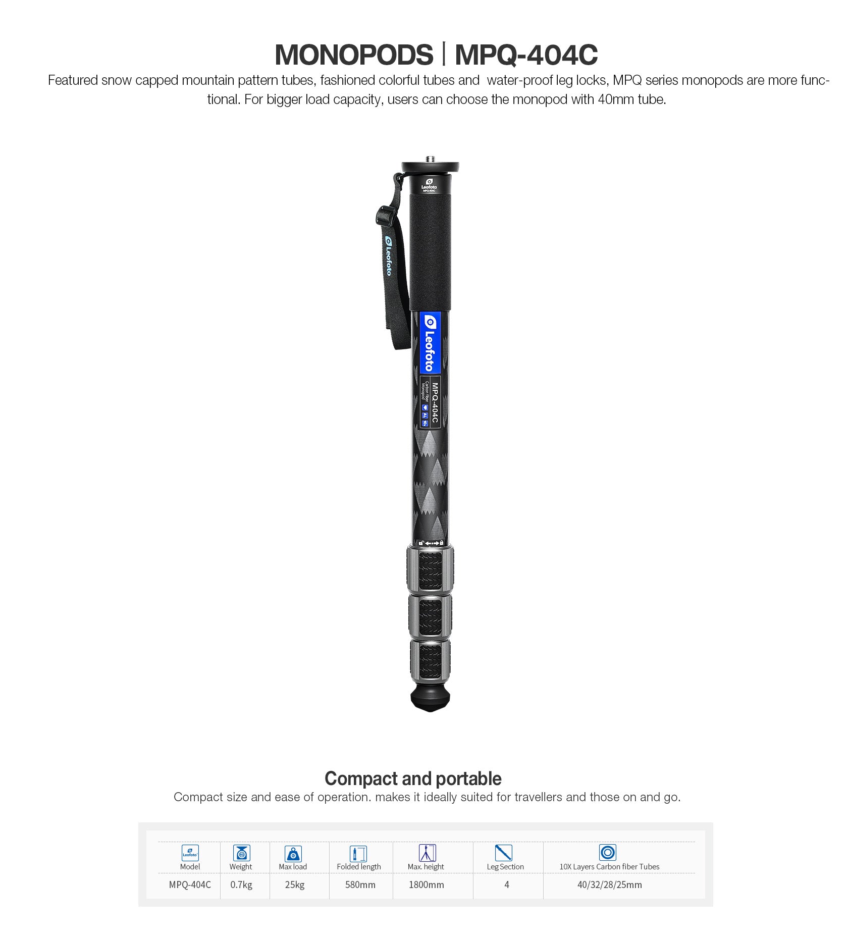 Leofoto MPQ-40 Series Premium Carbon Fiber Monopod with Case | Water-Resistant Legs