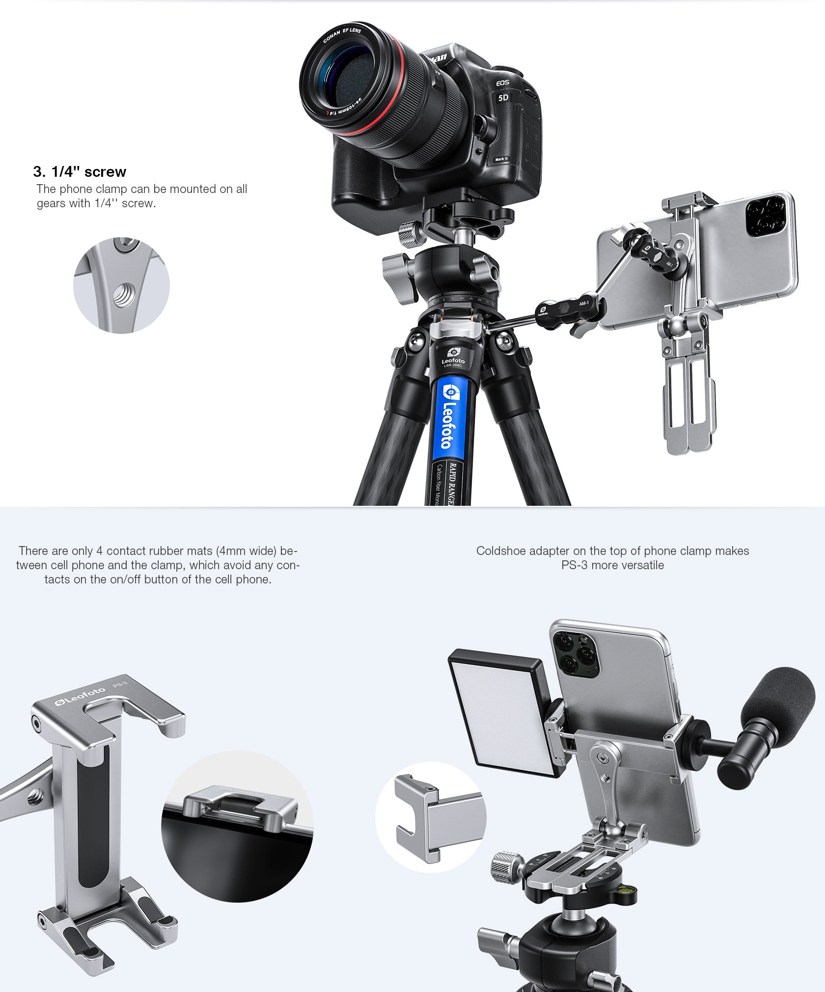 Leofoto PS-3 Multi-functional Foldable Cellphone Stand with Arca-Compatible Dovetail and Cold Shoe Mount