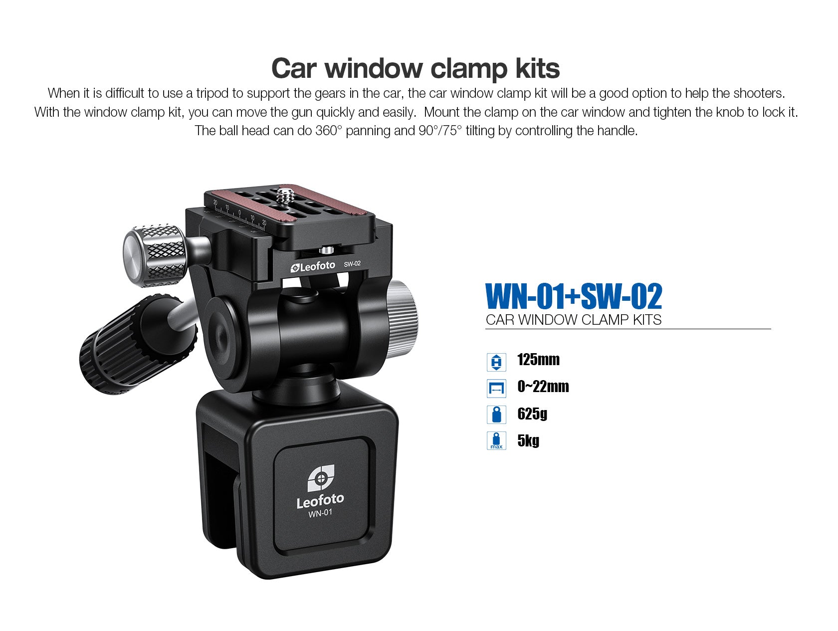 Leofoto WN-01+SW-02 Car Window Clamp Kit/ Windows Mounting Head for Binoculars/ Lens and Camera