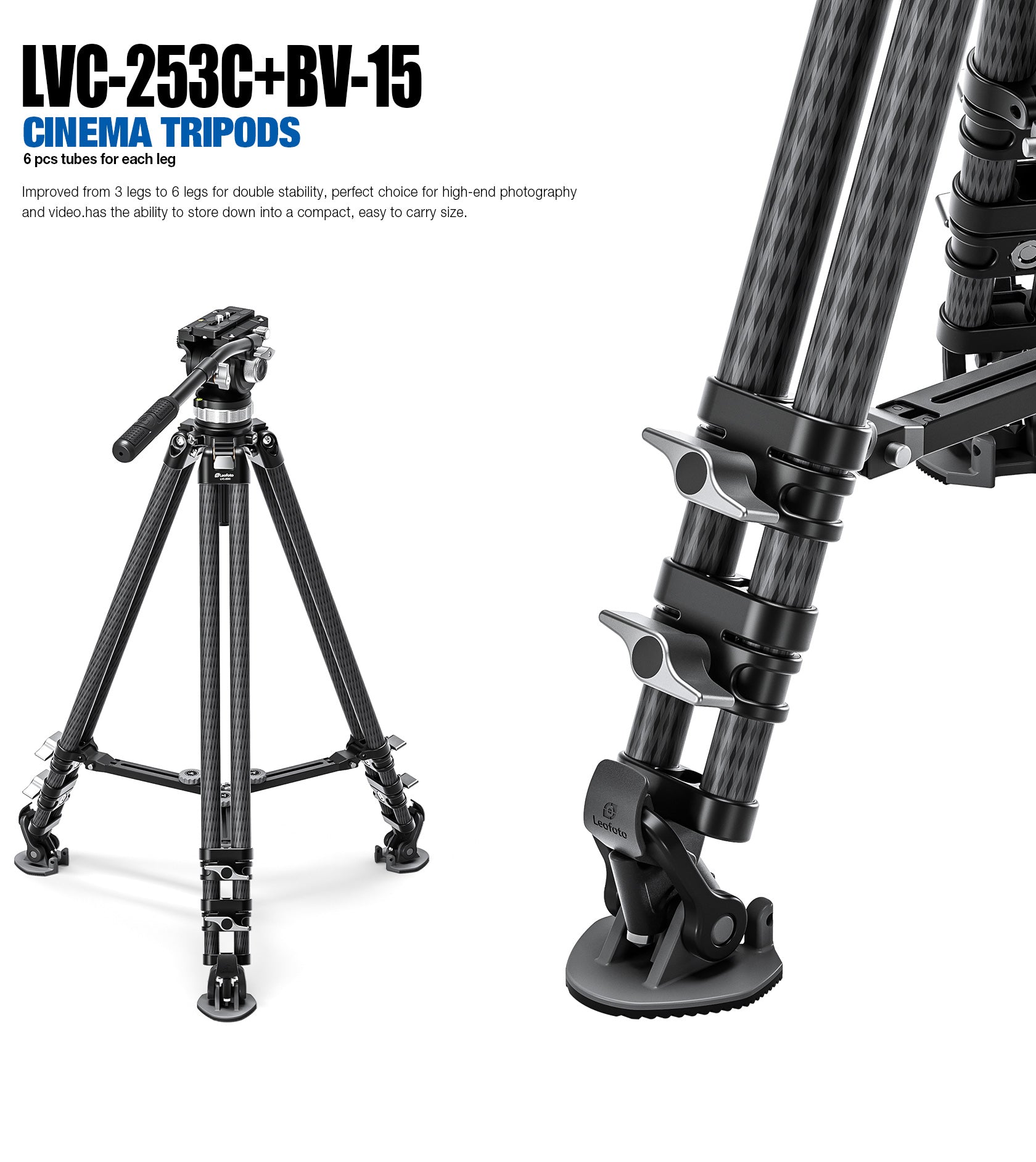 Leofoto LVC-253C+BV-15 Dual-Tube Video Tripod with Fluid Head Set | 75mm Integrated Bowl with Leveling Base and Handle
