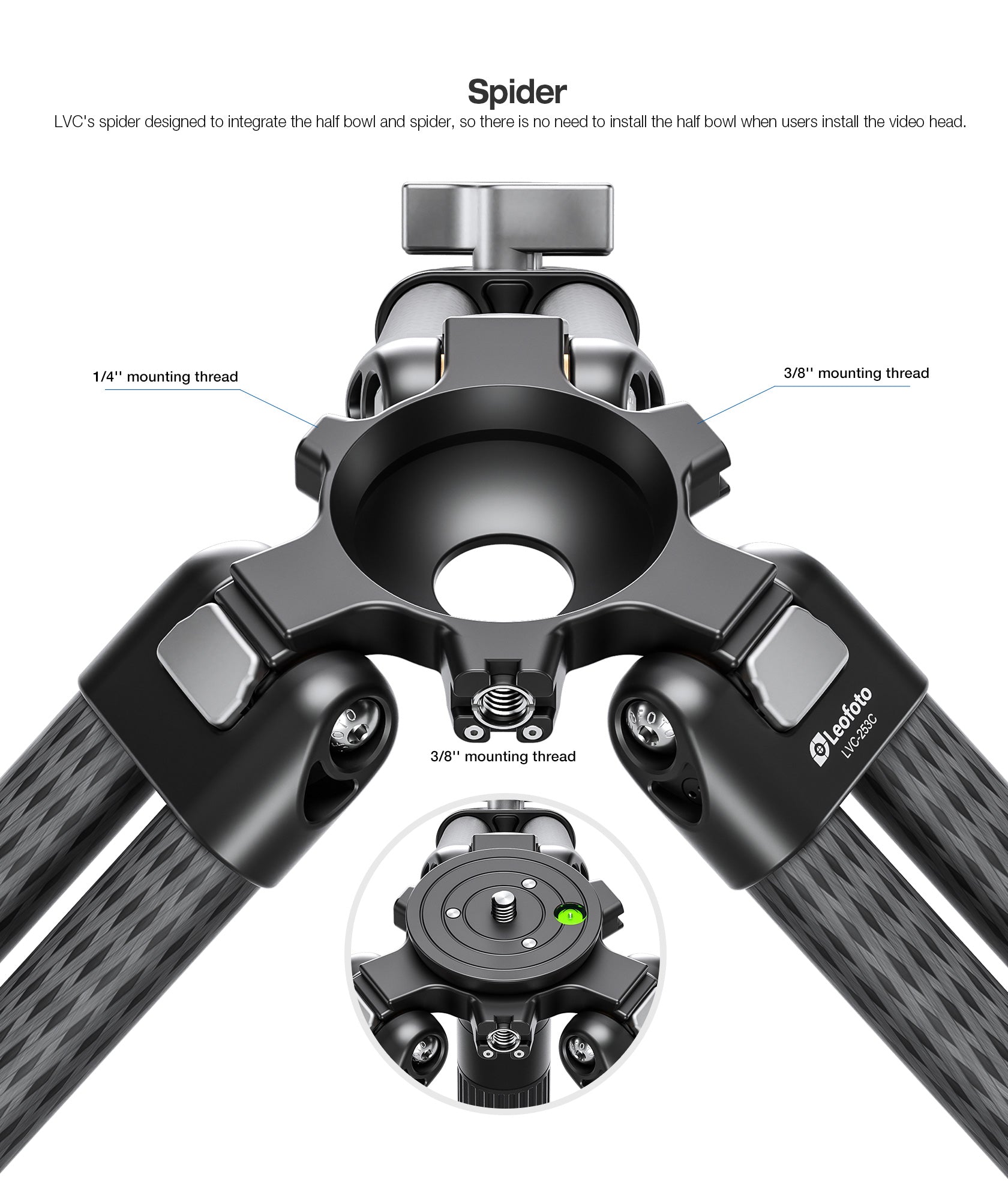 Leofoto LVC-253C+BV-15 Dual-Tube Video Tripod with Fluid Head Set | 75mm Integrated Bowl with Leveling Base and Handle