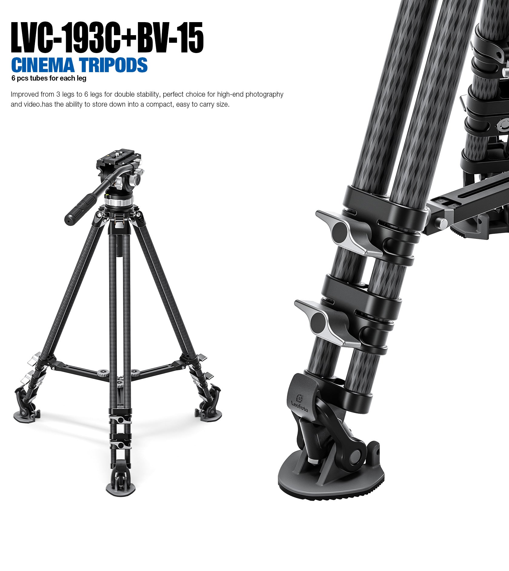 Leofoto LVC-193C+BV-15 Dual-Tube Video Tripod with Fluid Head Set | 75mm Integrated Bowl with Leveling Base and Handle