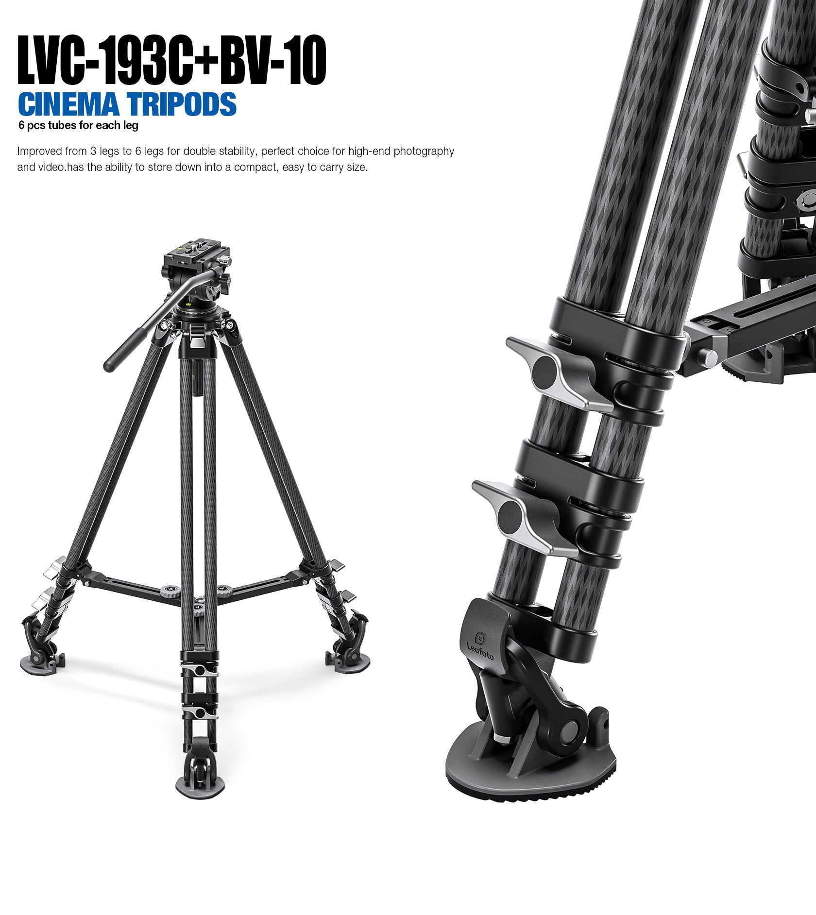 Leofoto LVC-193C+BV-10 Dual-Tube Video Tripod with Fluid Head Set | 75mm Integrated Bowl with Leveling Base and Handle