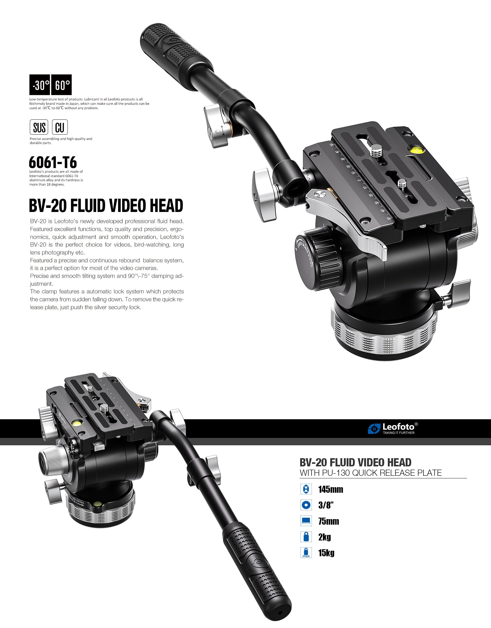 Leofoto BV-20 (Lever-Release Clamp) Pro Fluid Video Head - Arca Standard