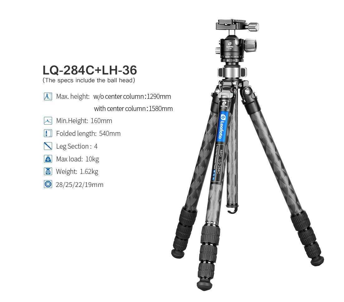 Leofoto LQ-284C Premium Carbon Fiber Tripod + LH-30 / LH-36 Ballhead with Quick Swap Center Column+Apex Platform and Tripod Bag