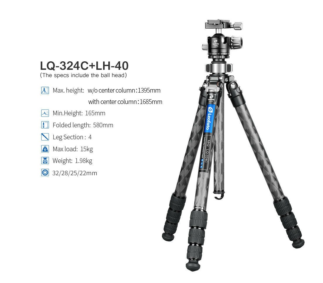 Leofoto LQ-324C Premium Carbon Fiber Tripod + LH-40 Low-Profile Ballhead with Quick Swap Center Column+Apex Platform and Tripod Bag