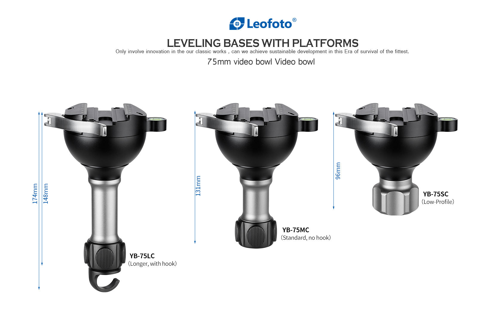 "Open Box" Leofoto YB-75LC / YB-75MC / YB-75SC Leveling Base with Handle for 75mm Bowl | Lever Release Arca Clamp