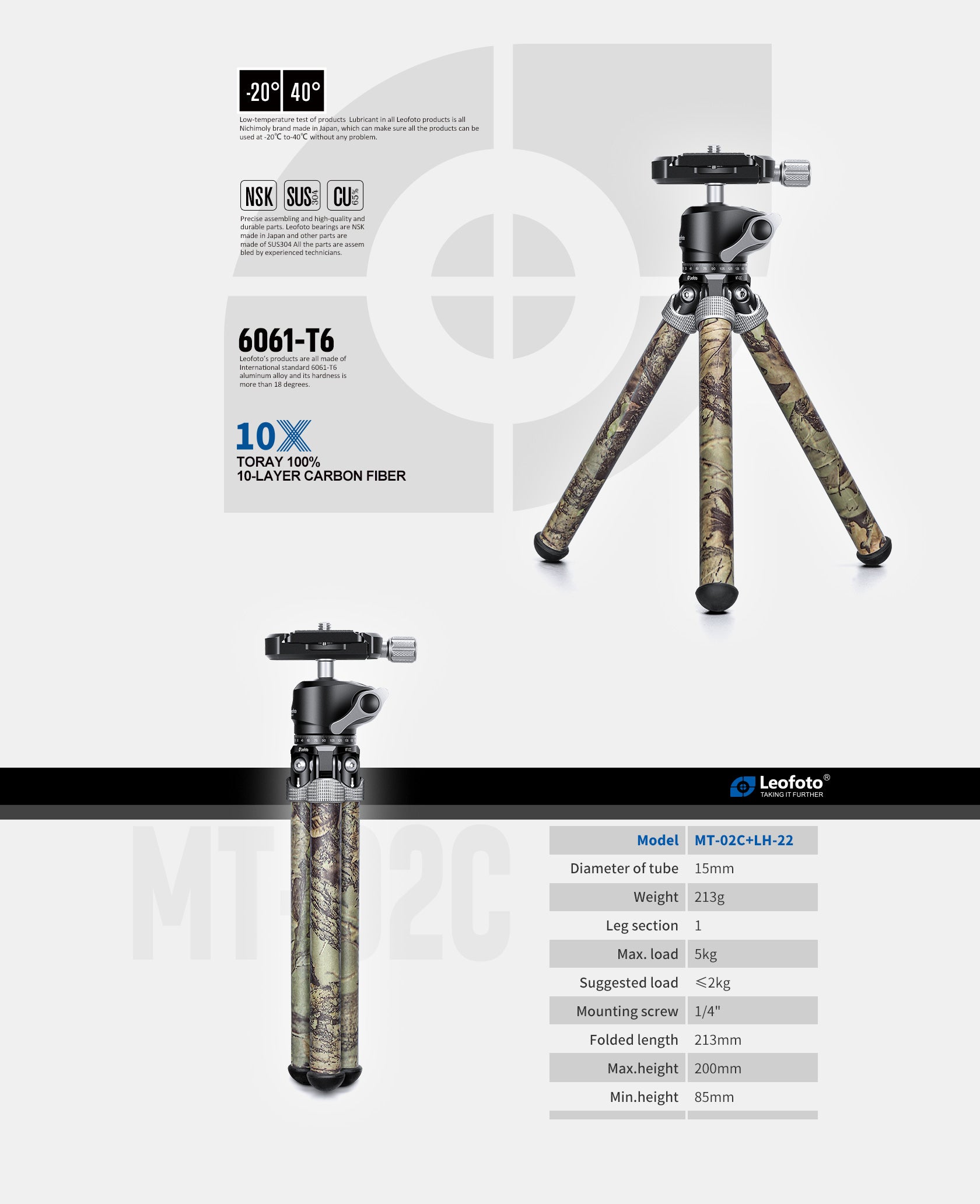 Leofoto MT-02C Mini Tabletop Travel Tripod | Color Options