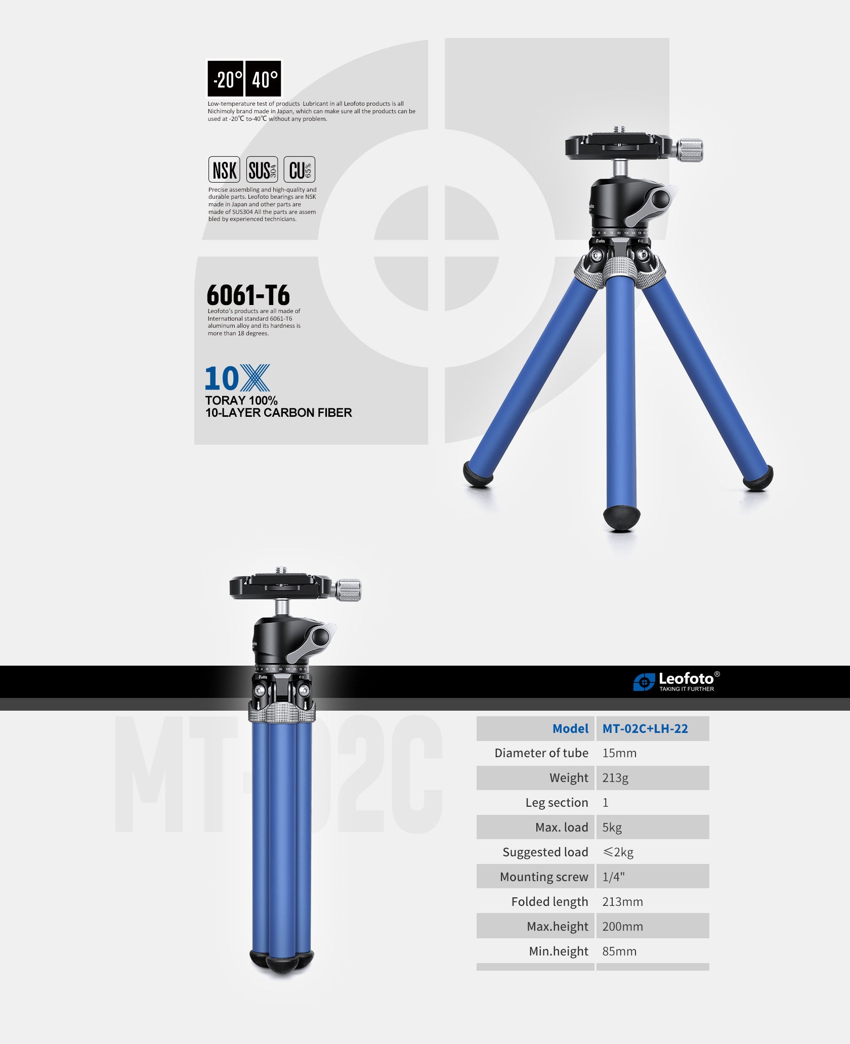 Leofoto MT-02C Mini Tabletop Travel Tripod | Color Options