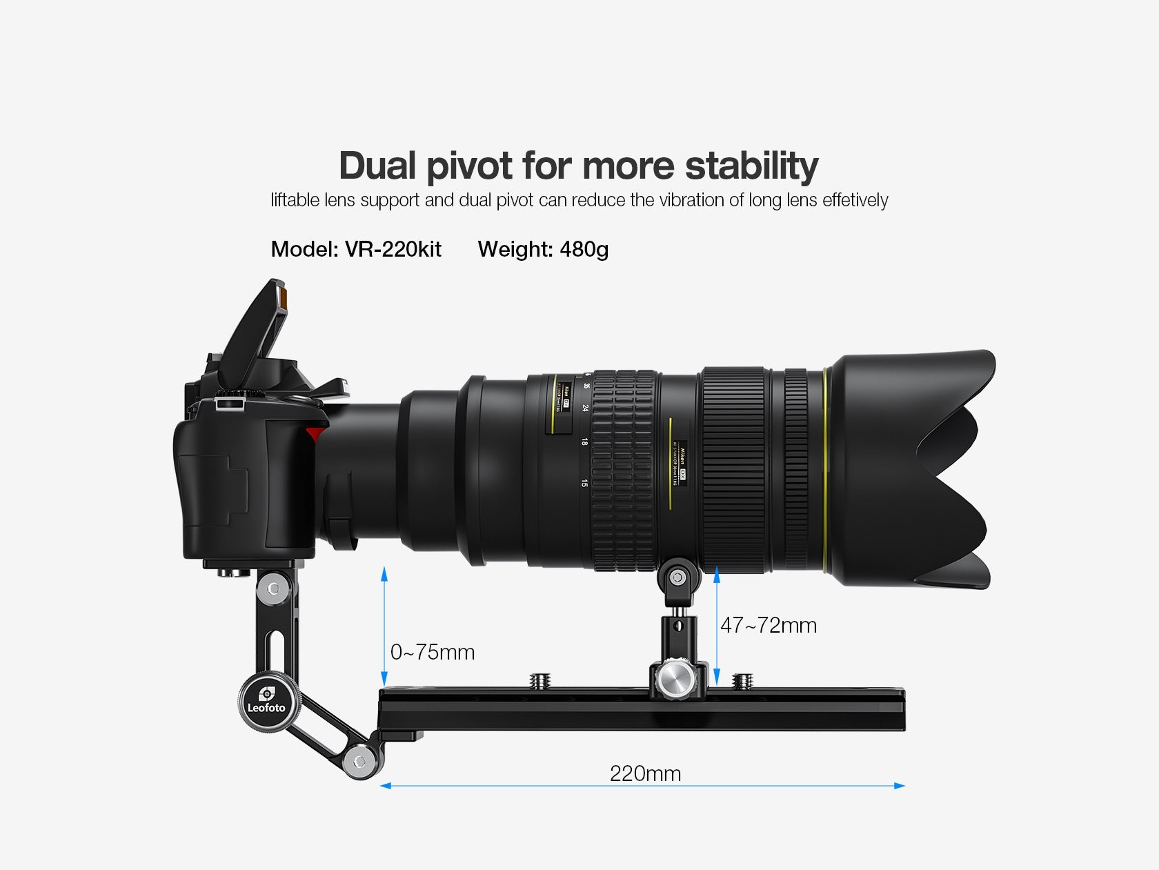 "Open Box" Leofoto VR-220Kit Updated 220mm Dual Pivot Long Lens Support for Manfrotto/ Sachtler Tripod Head