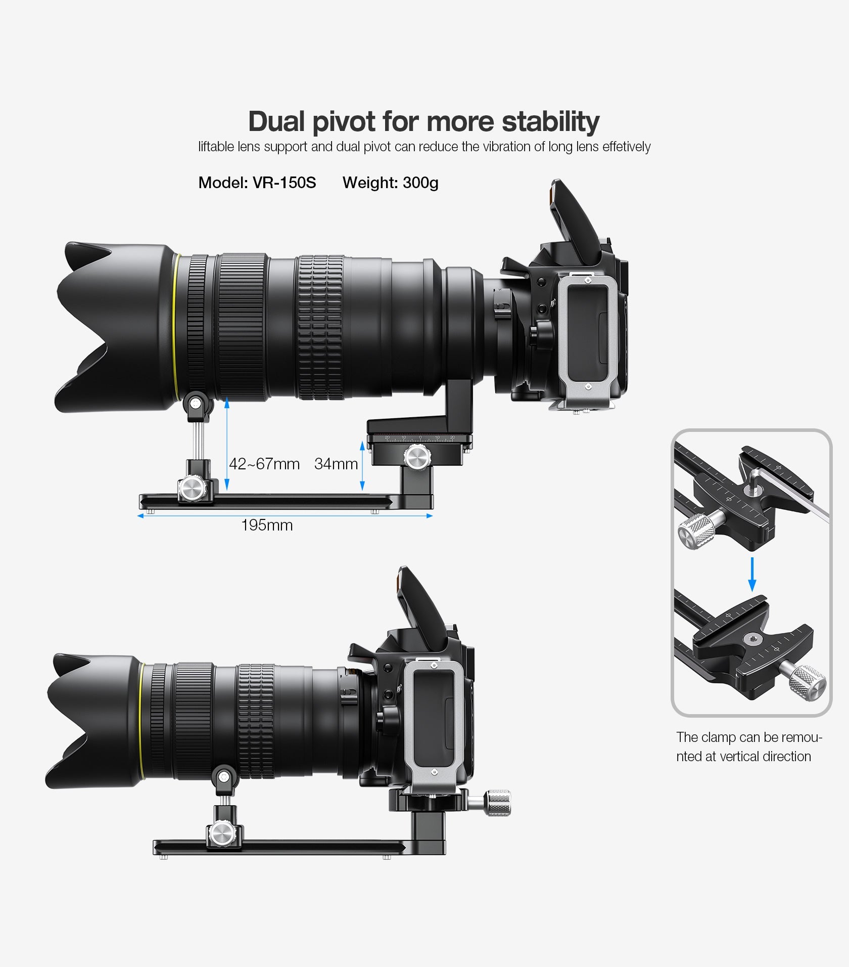 "Open Box" Leofoto VR-150S Updated 195mm Dual Pivot Long Tele Lens Support for Arca
