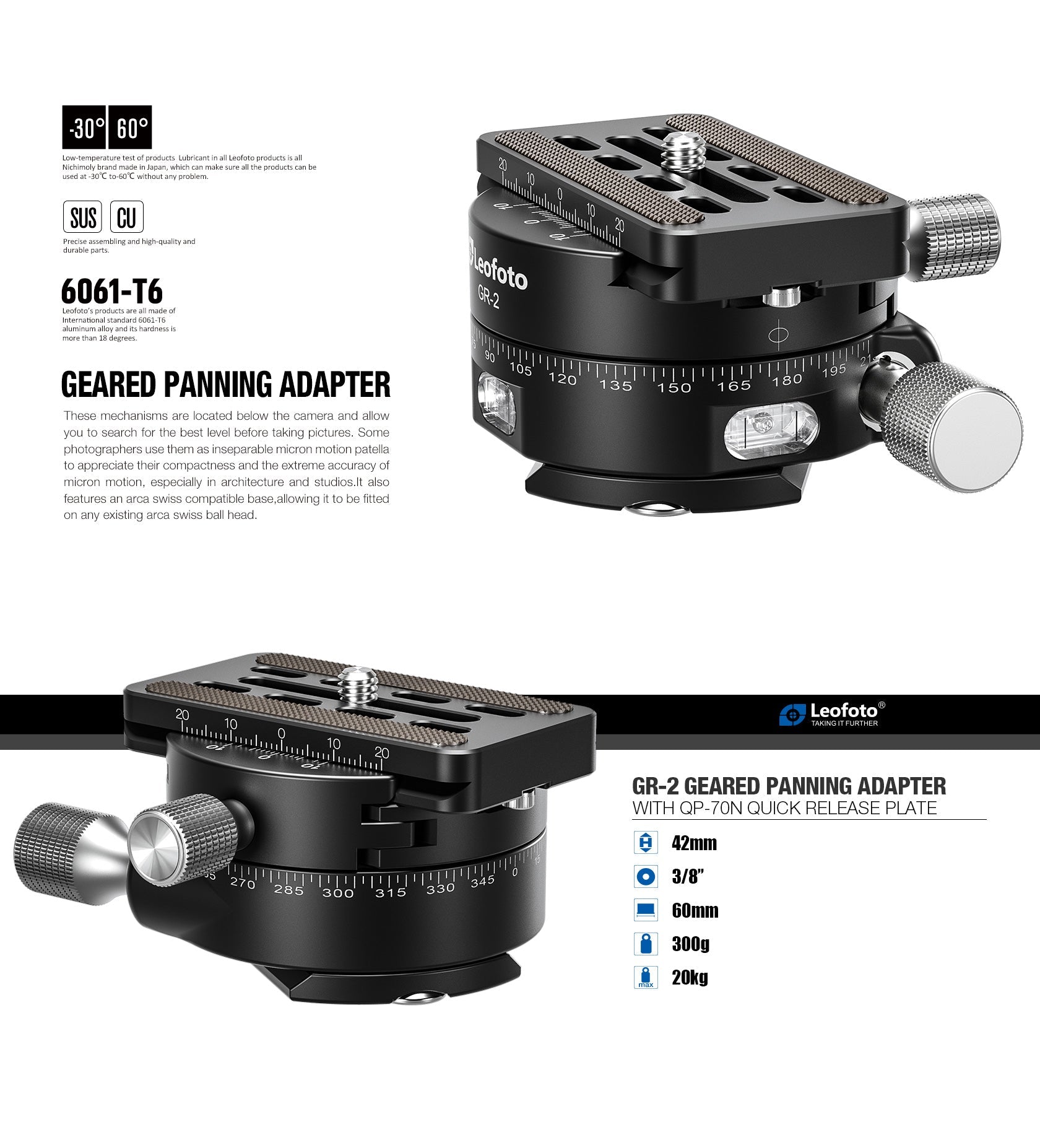 "Open Box" Leofoto GR-2 Geared Panning Adapter | Arca Compatible