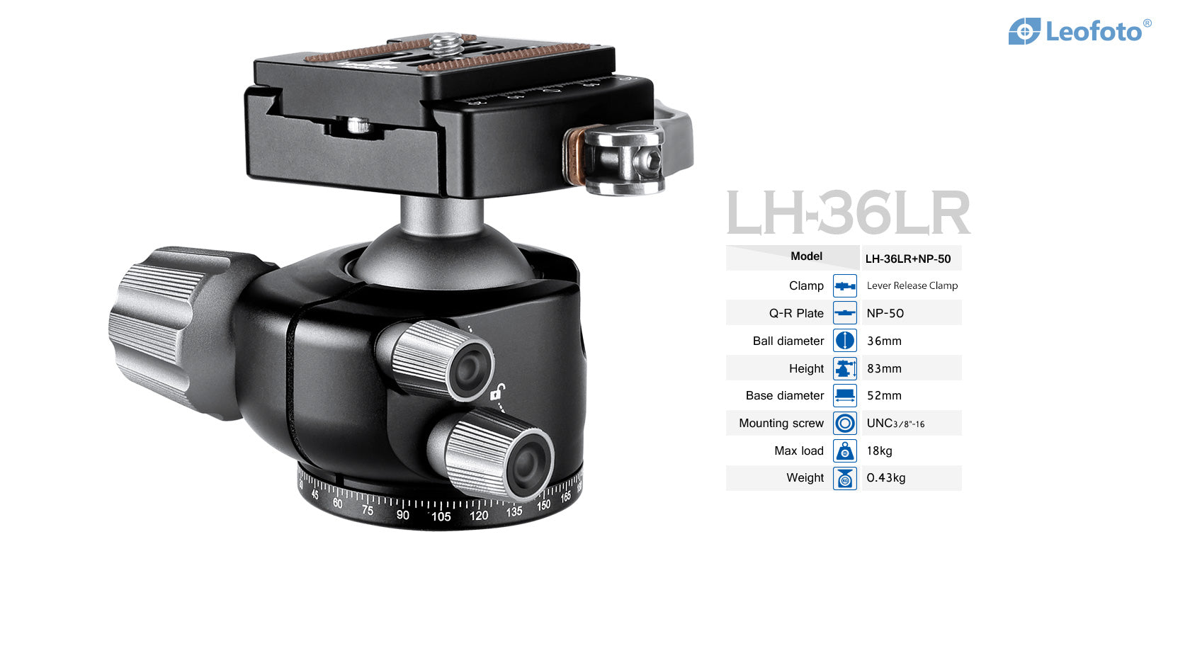 Leofoto LH-36LR Ball Head with LR-50 Lever Release Clamp | Arca Compat