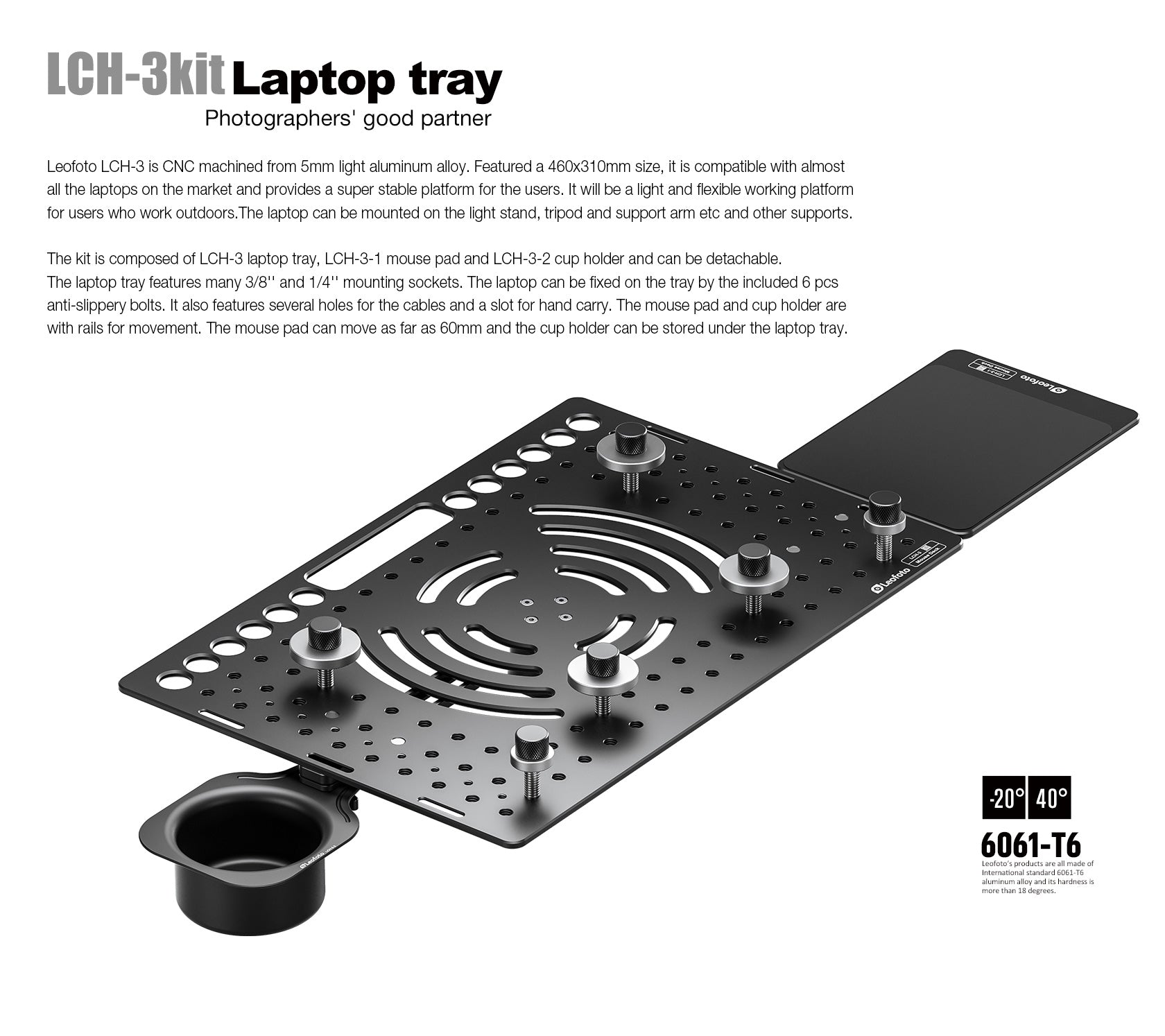 Leofoto LCH-3Kit Ultimate Laptop Tray Kit | 1/4" and 3/8" Compatible