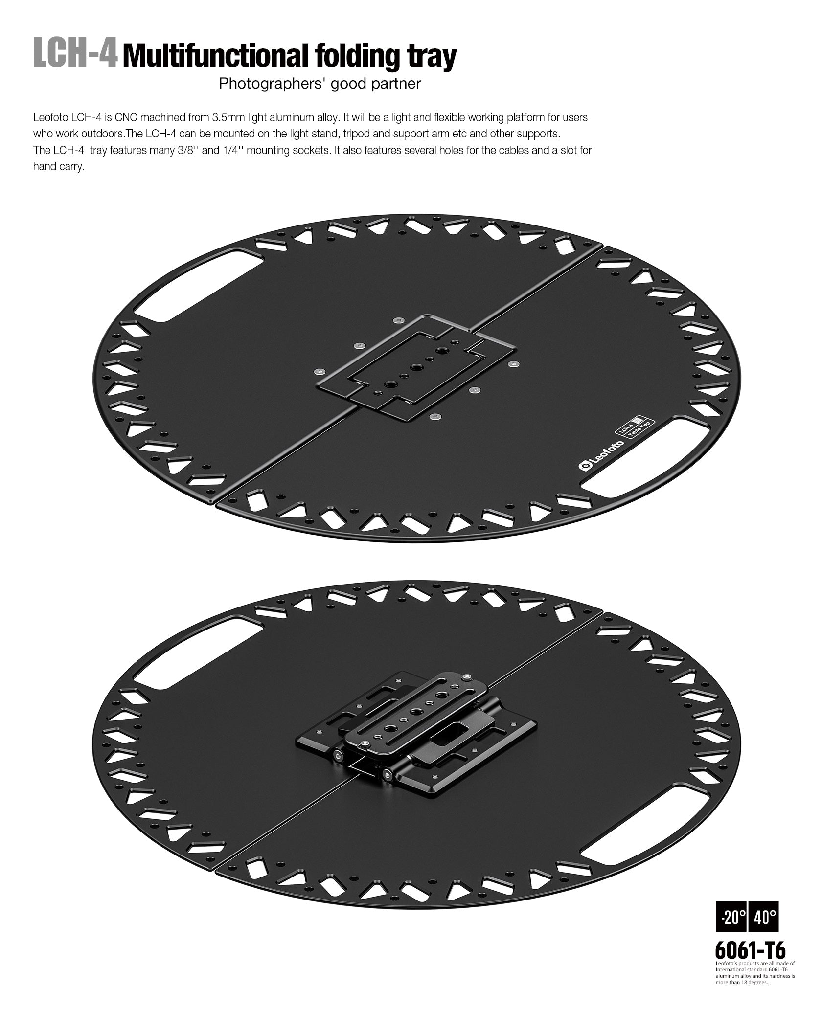 Leofoto LCH-4 Multi-Functional Folding Tray | Arca, 1/4", 3/8" Compatible