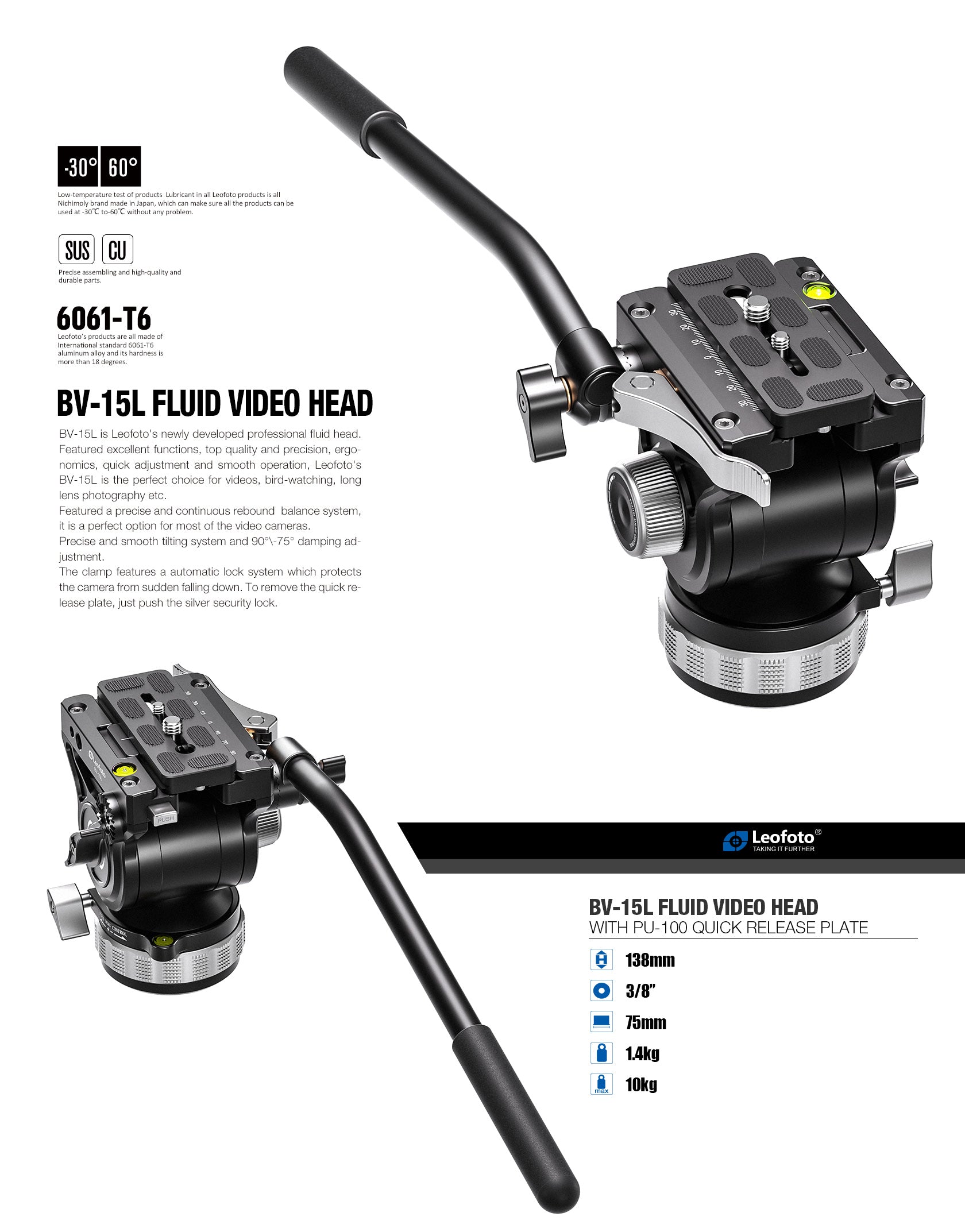 Leofoto BV-15L (Lever-Release Clamp) 70mm Fluid Video Head with PU-100D 100x38mm QR Plate | Arca Compatible