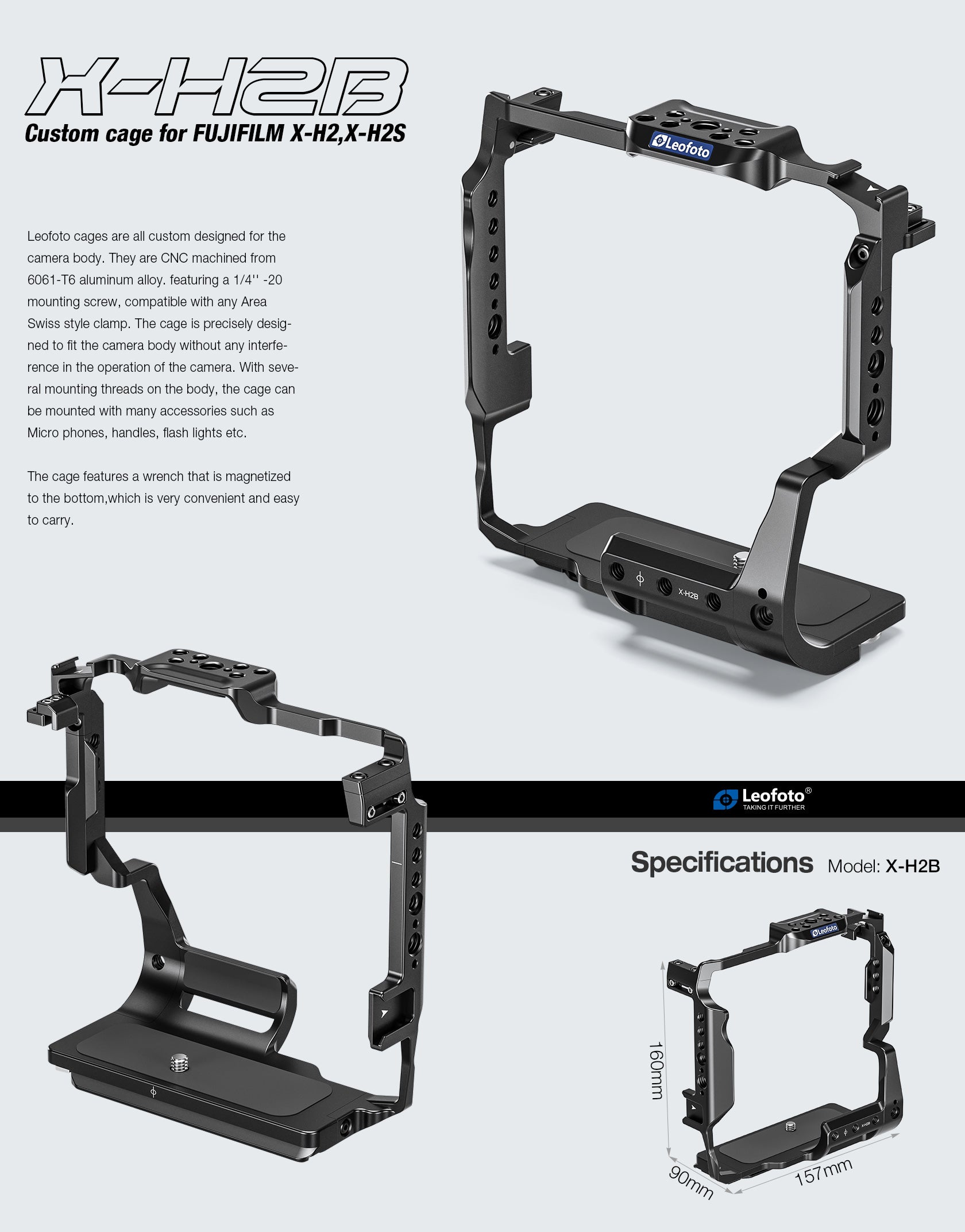 Leofoto X-H2B Camera Cage for Fujifilm X-H2, X-H2S with Battery Grip