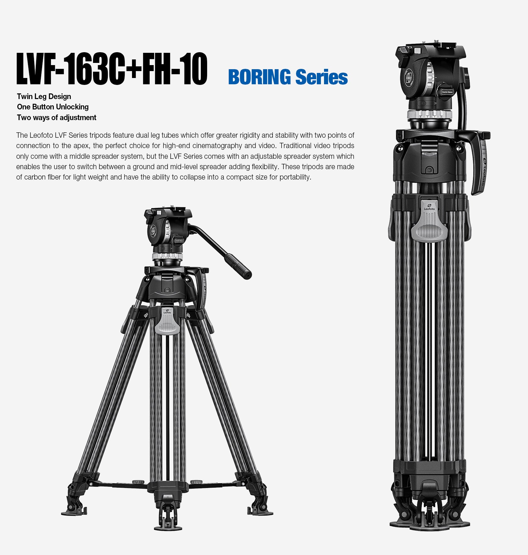 Leofoto LVF-163C+FH-10 Video Tripod and Fluid Head Set