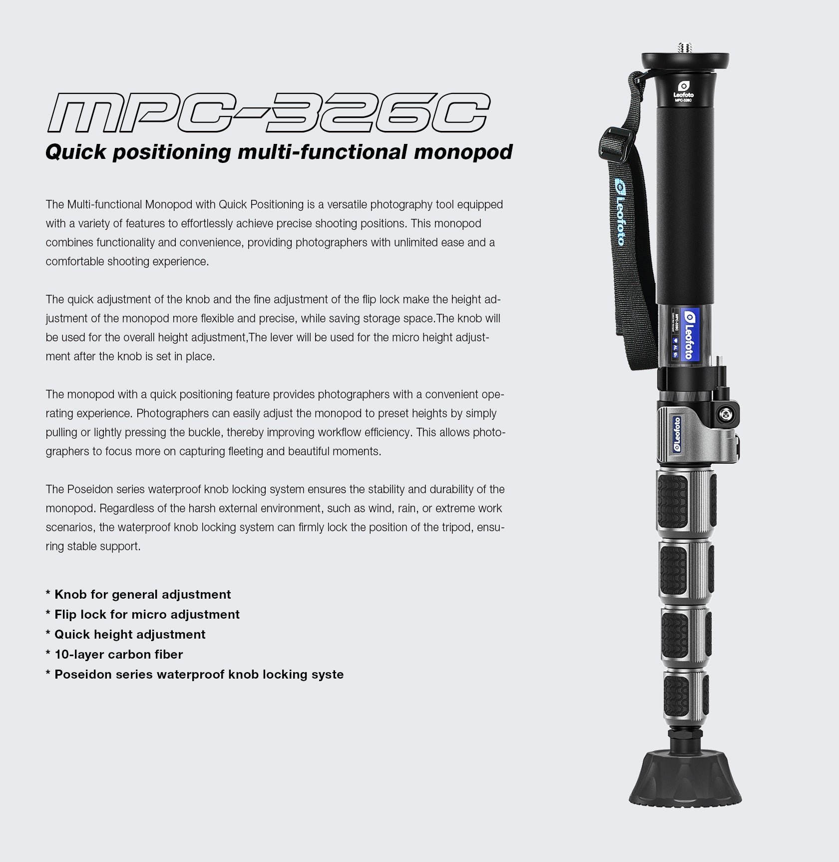 Leofoto MPC Series Upgraded Carbon Fiber Monopod with Case | Water-Resistant and Quick Positioning