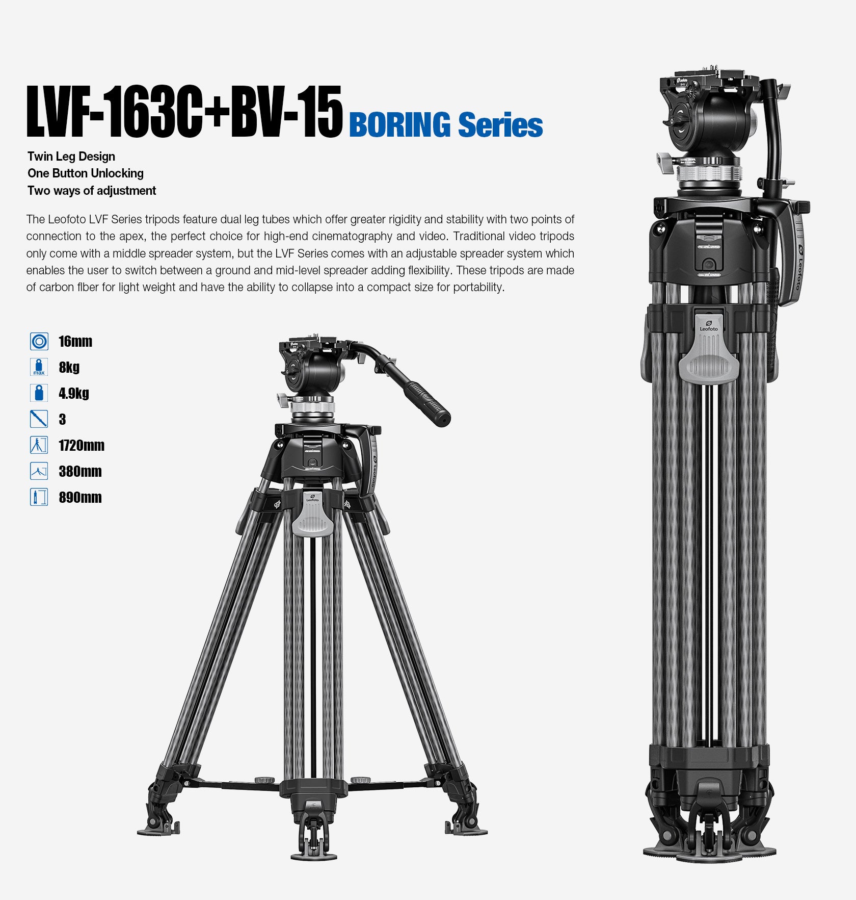Leofoto LVF-163C+BV Video Tripod and Fluid Head Set – Flat Base 3/8