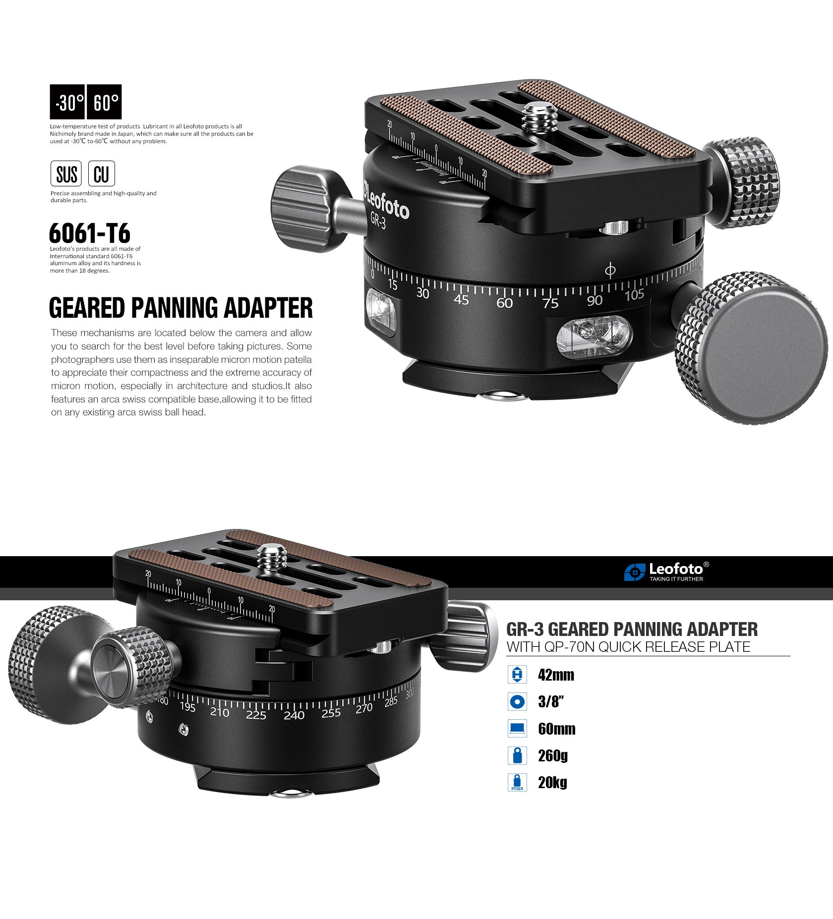 Leofoto GR-3 Geared Panning Adapter | Arca Compatible | Upgraded Extended Precision Knob for Easier Control
