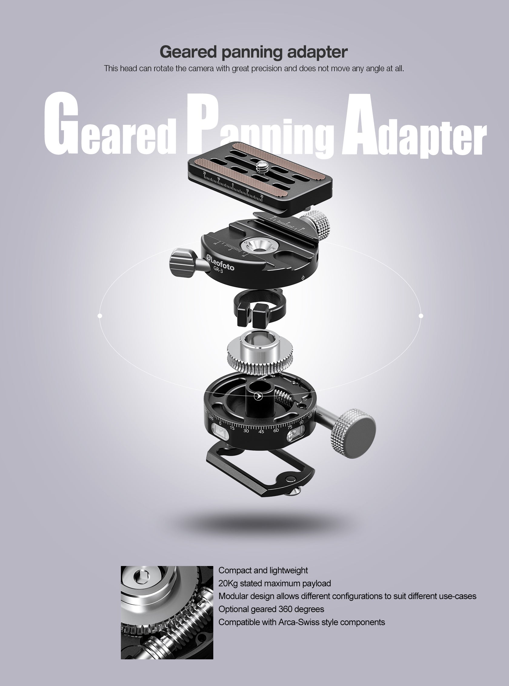 Leofoto GR-3 Geared Panning Adapter | Arca Compatible | Upgraded Extended Precision Knob for Easier Control