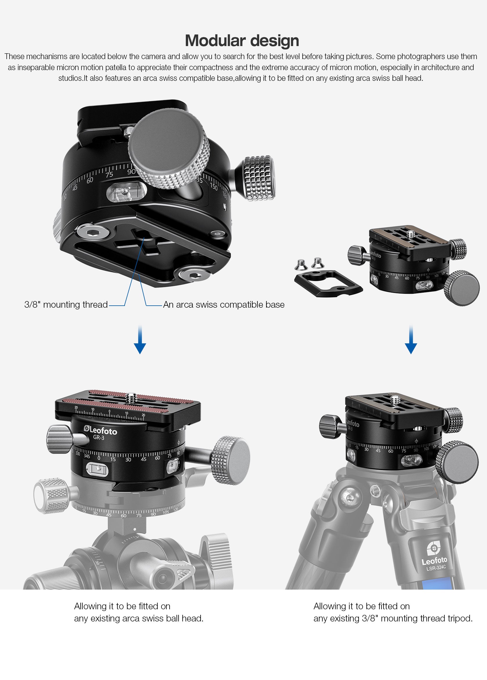 Leofoto GR-3 Geared Panning Adapter | Arca Compatible | Upgraded Extended Precision Knob for Easier Control