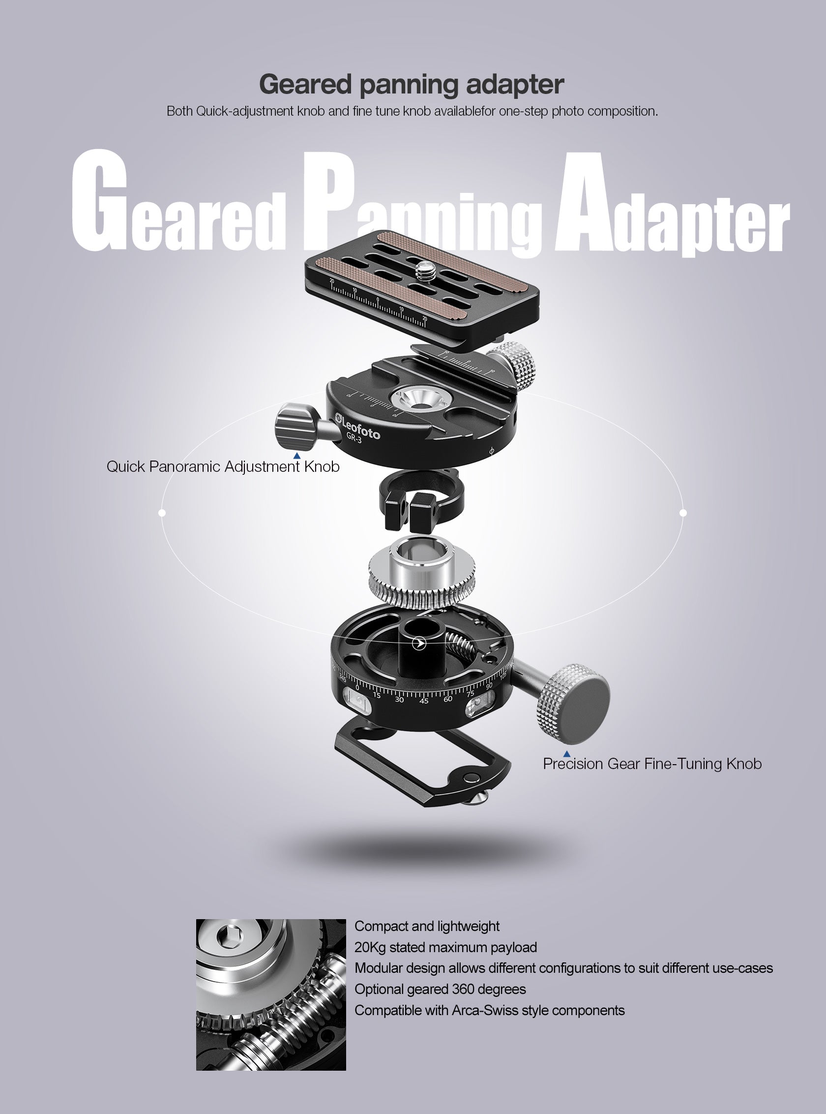 Leofoto G4PROM Four Way Geared Head with GR-3 Extended Knob Geared Pan