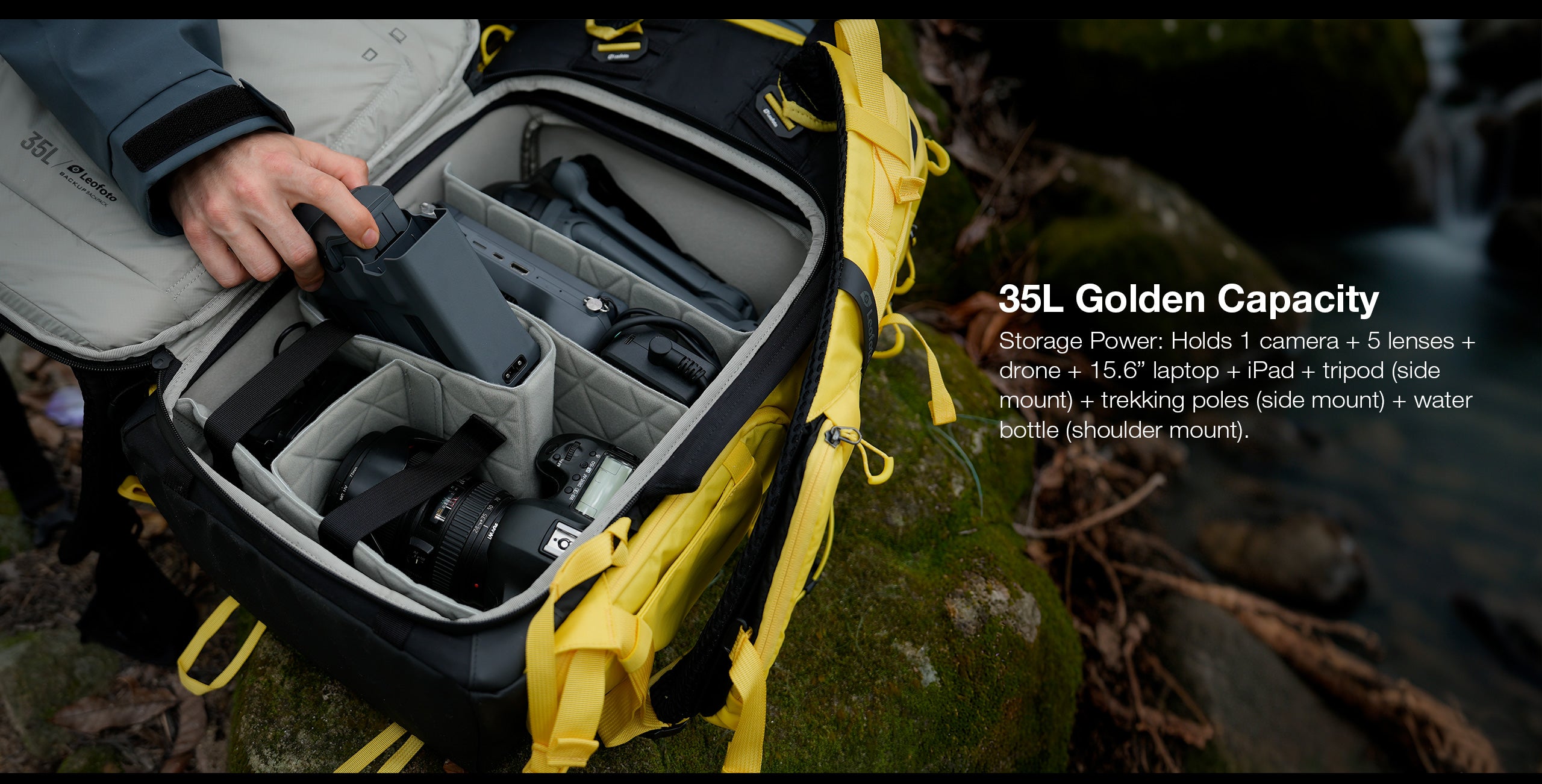 Leofoto 35L All-in-One Travel & Outdoor Camera Backpack (Black / Yellow / Green)